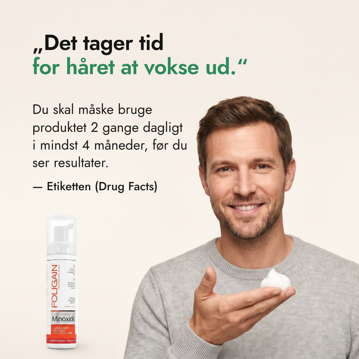 Det tager tid for håret at vokse ud. — Etiketten (Drug Facts)