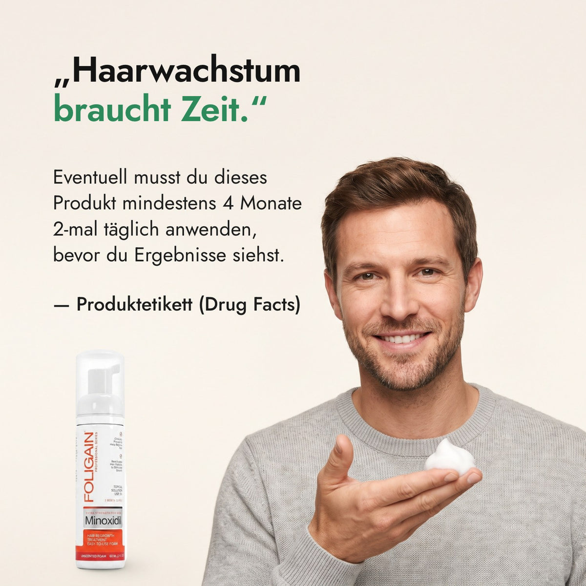 Haarwachstum braucht Zeit. — Produktetikett (Drug Facts)