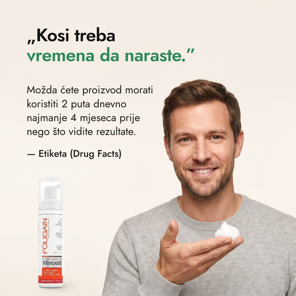 Kosi treba vremena da naraste. — Etiketa (Drug Facts)