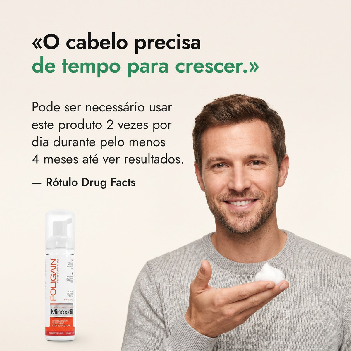 O cabelo precisa de tempo para crescer. — Rótulo Drug Facts