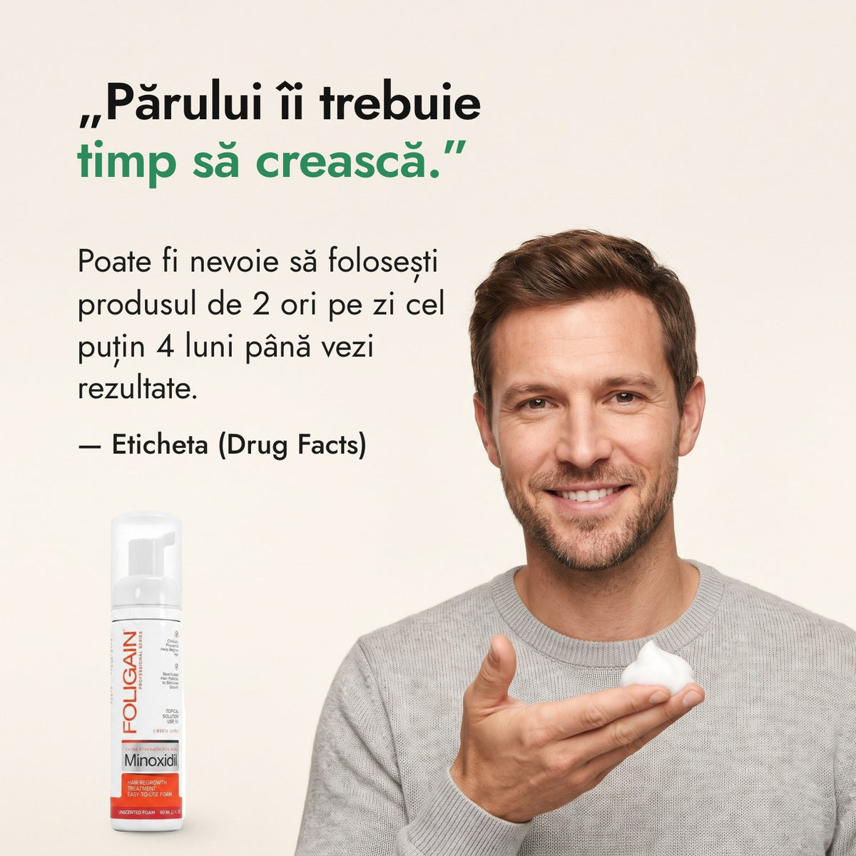 Părului îi trebuie timp să crească. — Eticheta (Drug Facts)