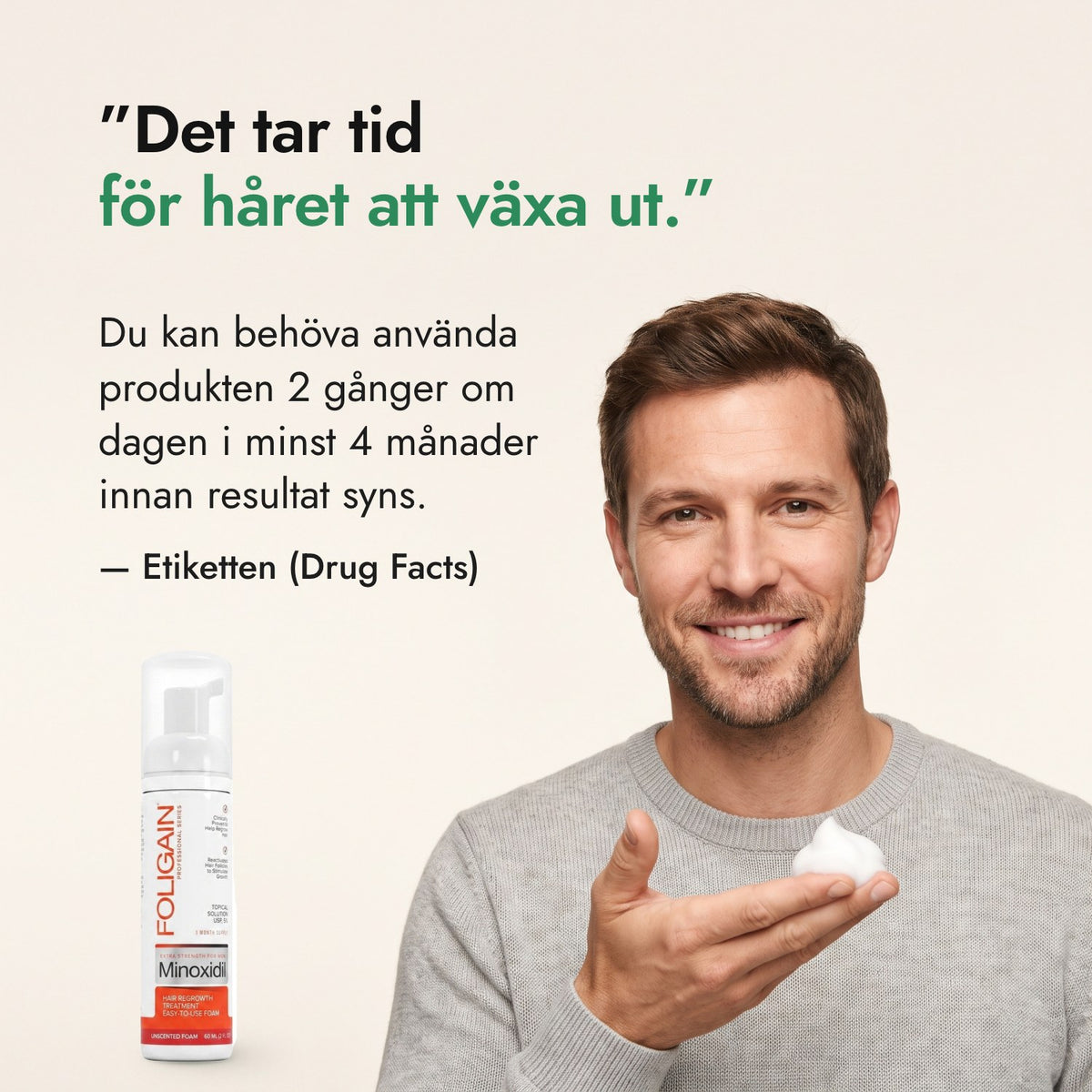 Det tar tid för håret att växa ut. — Etiketten (Drug Facts)