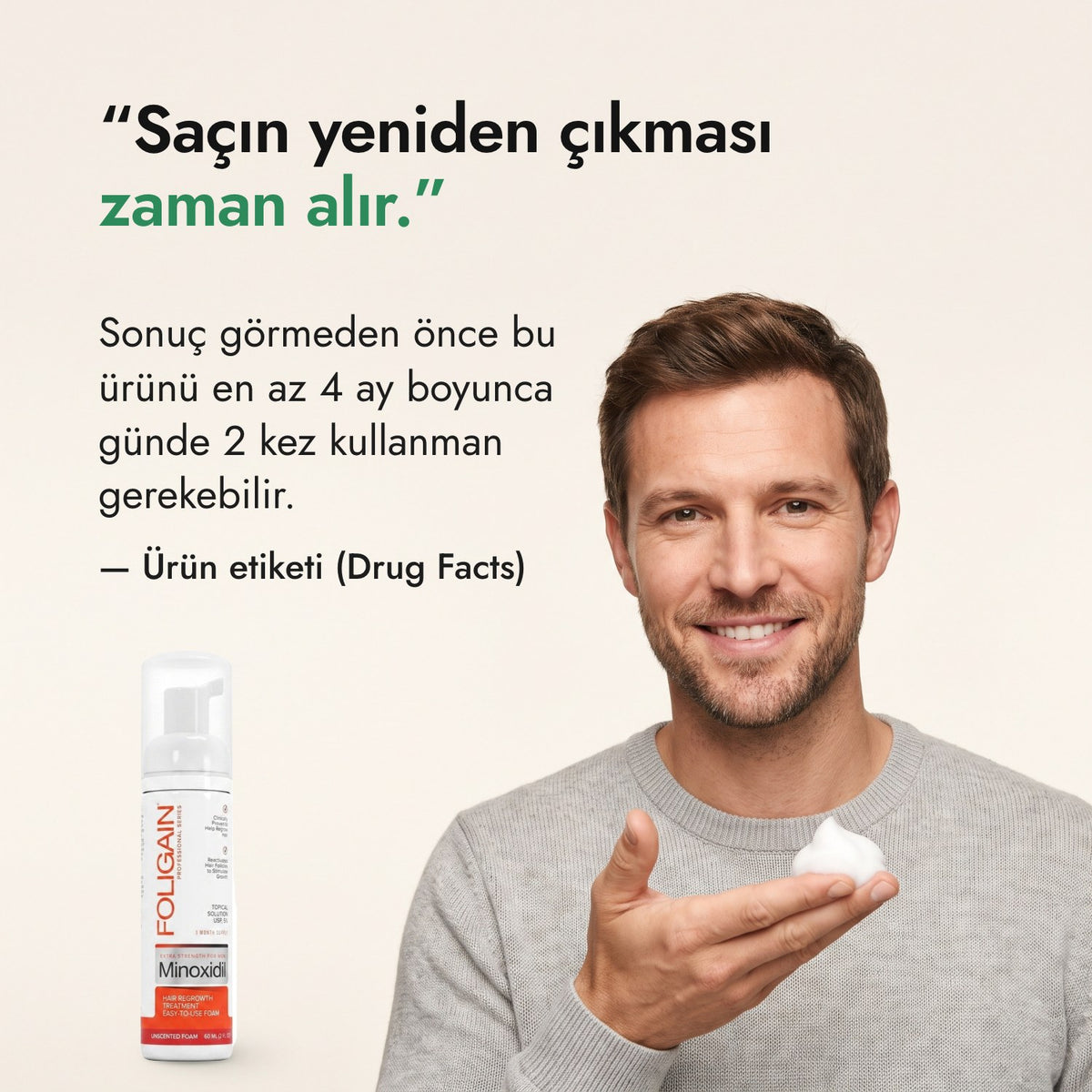 Saçın yeniden çıkması zaman alır. — Ürün etiketi (Drug Facts)