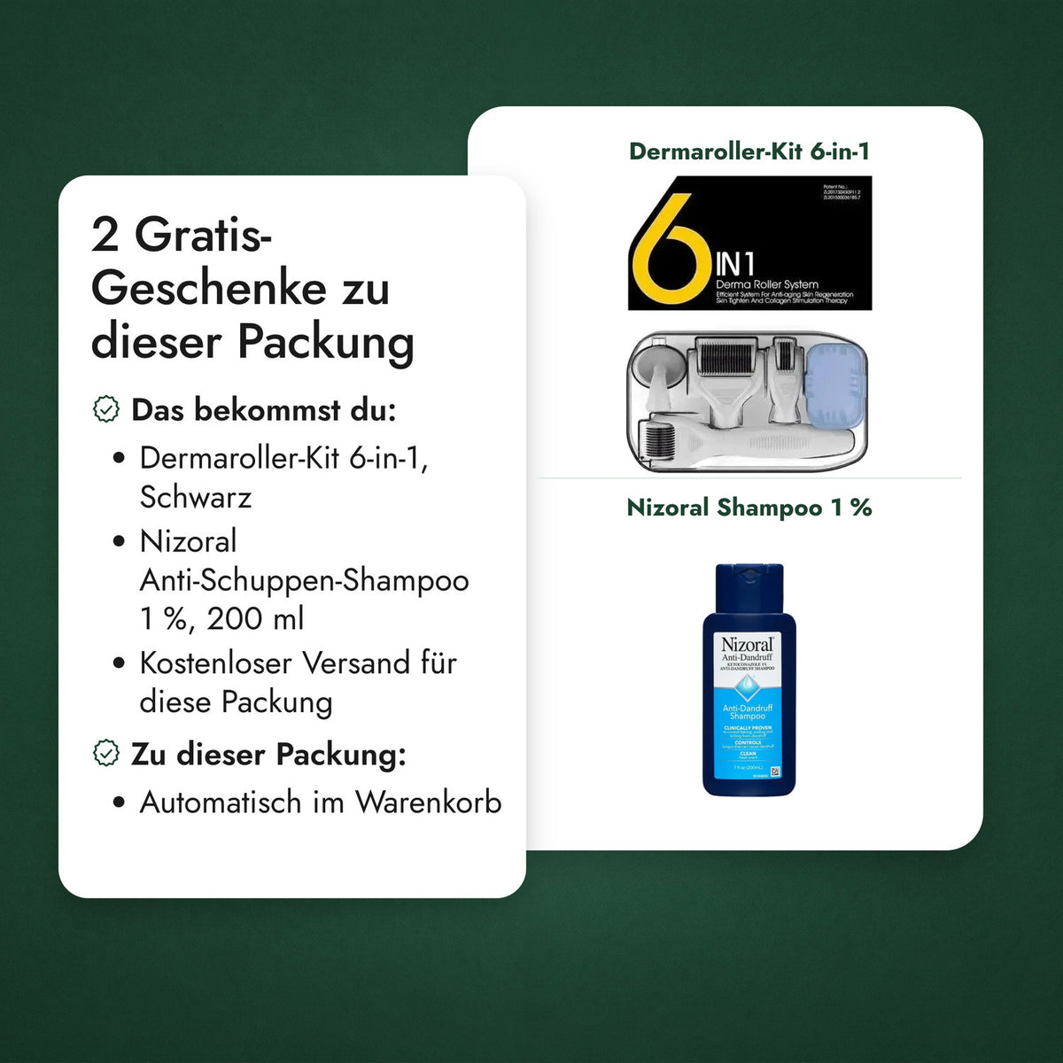 2 Gratis-Geschenke zu dieser Packung: Dermaroller-Kit 6-in-1, Nizoral Shampoo 1 %