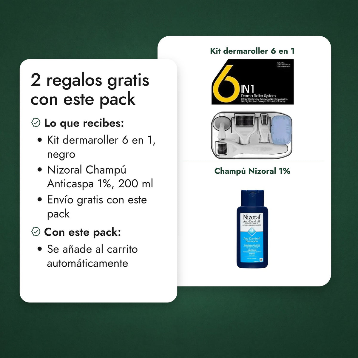 2 regalos gratis con este pack: Kit dermaroller 6 en 1, Champú Nizoral 1%