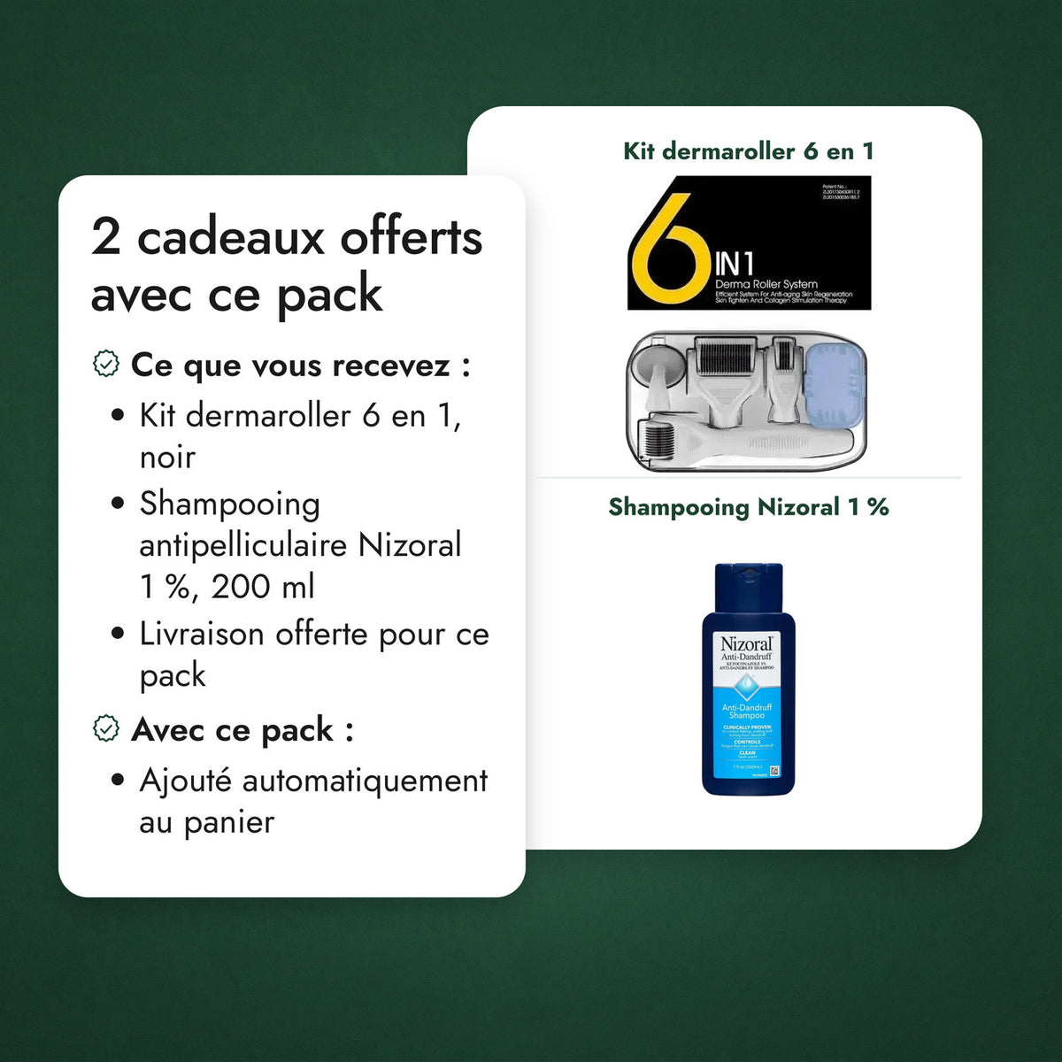 2 cadeaux offerts avec ce pack: Kit dermaroller 6 en 1, Shampooing Nizoral 1 %