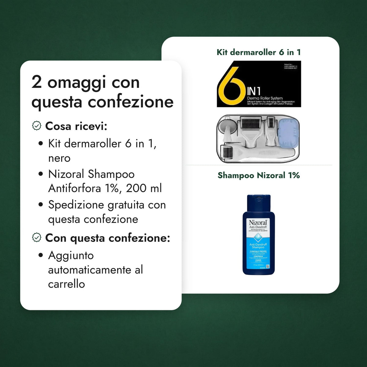 2 omaggi con questa confezione: Kit dermaroller 6 in 1, Shampoo Nizoral 1%
