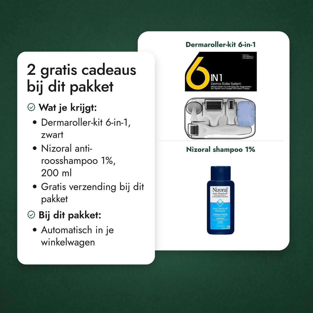 2 gratis cadeaus bij dit pakket: Dermaroller-kit 6-in-1, Nizoral shampoo 1%