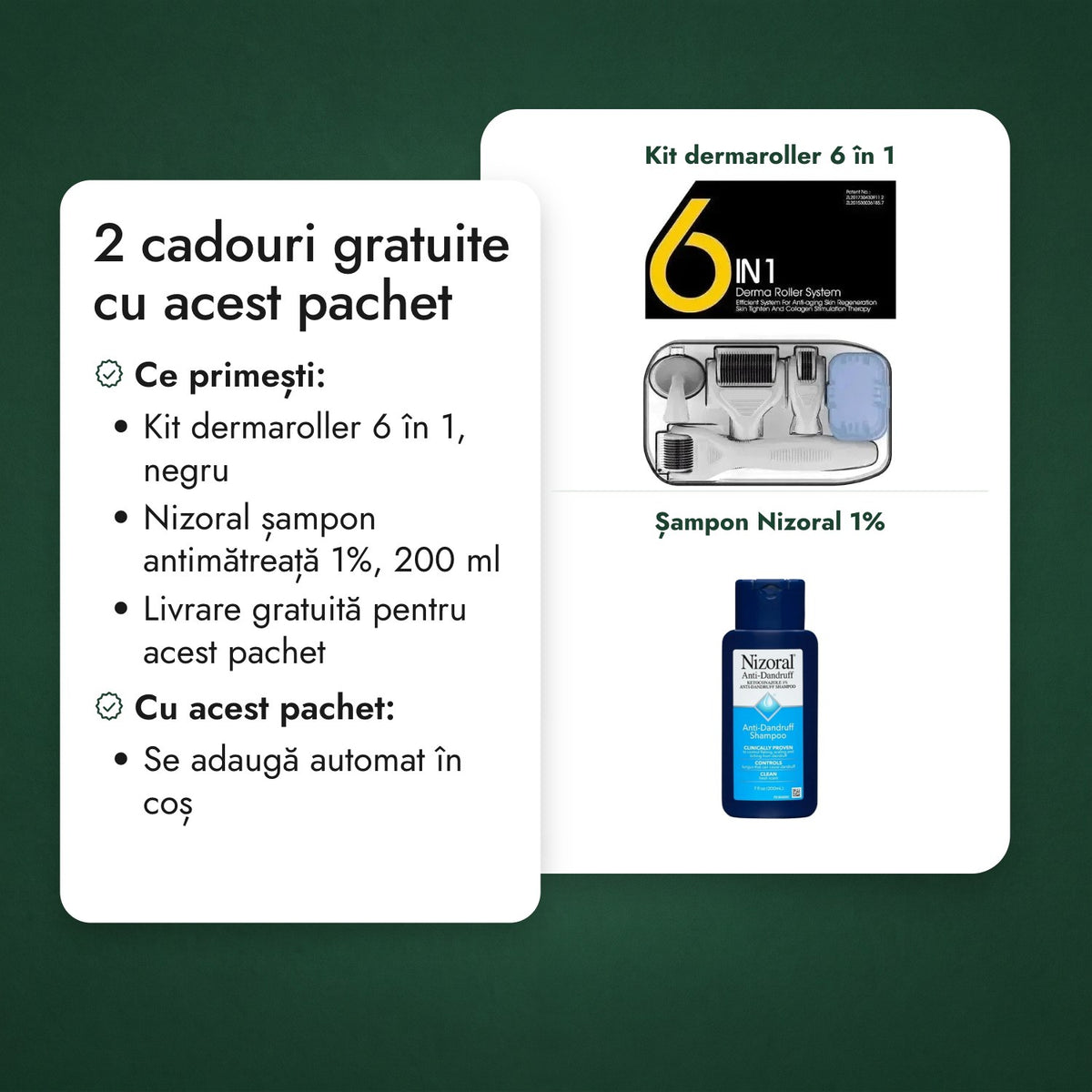 2 cadouri gratuite cu acest pachet: Kit dermaroller 6 în 1, Șampon Nizoral 1%