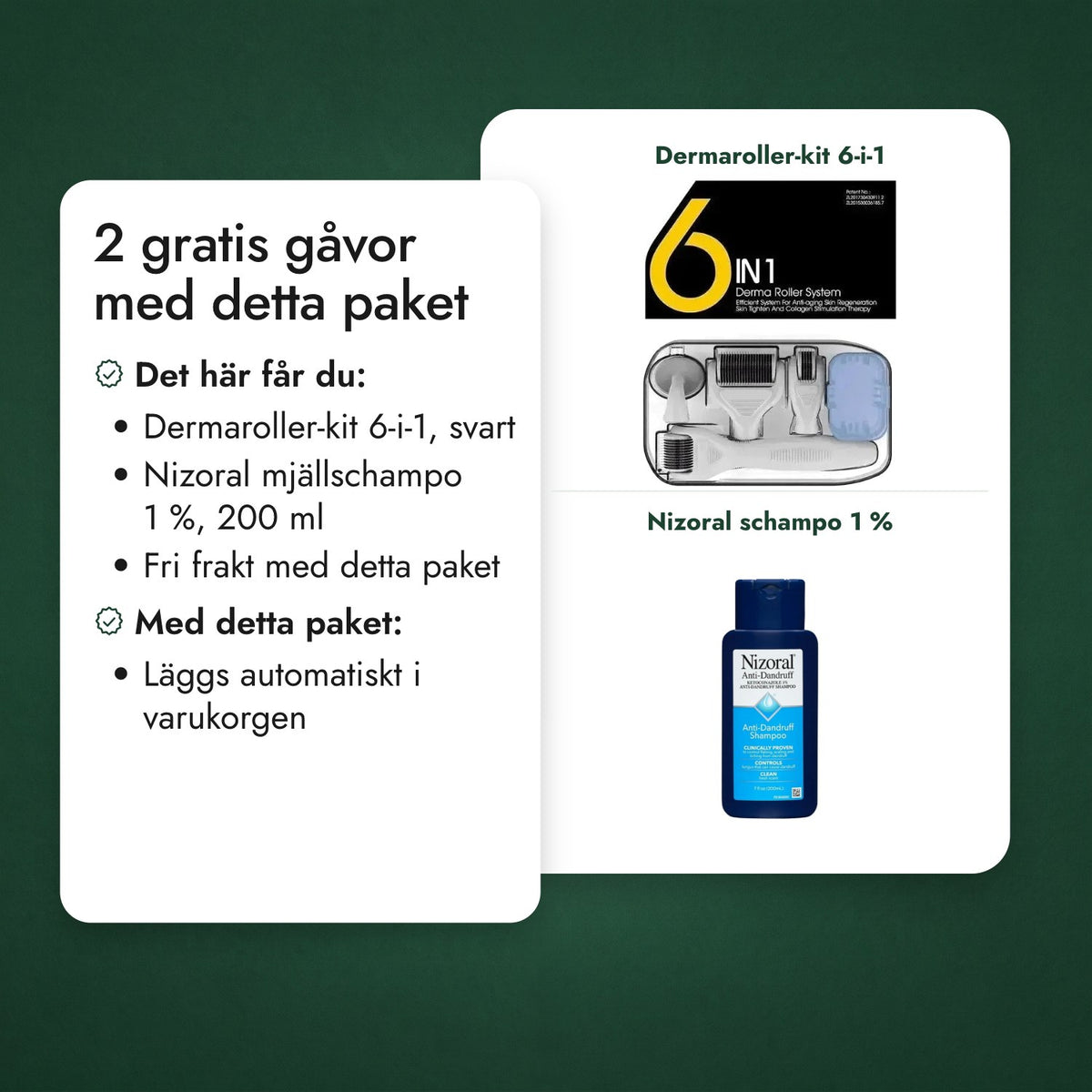 2 gratis gåvor med detta paket: Dermaroller-kit 6-i-1, Nizoral schampo 1 %