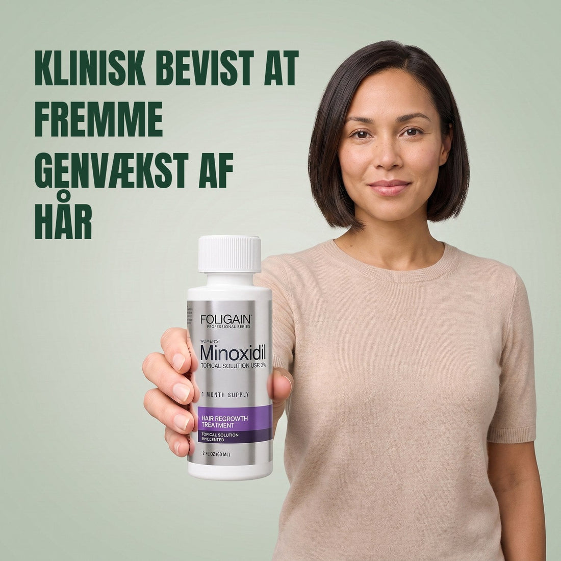 Foligain Minoxidil opløsning 2% til kvinder - 12 måneders forbrug — produktemballage på hvid baggrund