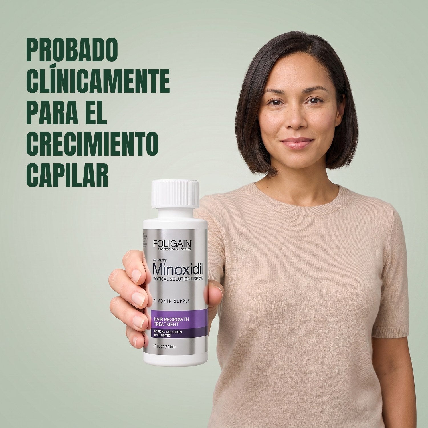 Woman holding the Foligain Minoxidil 2% lotion bottle for women against a green background
