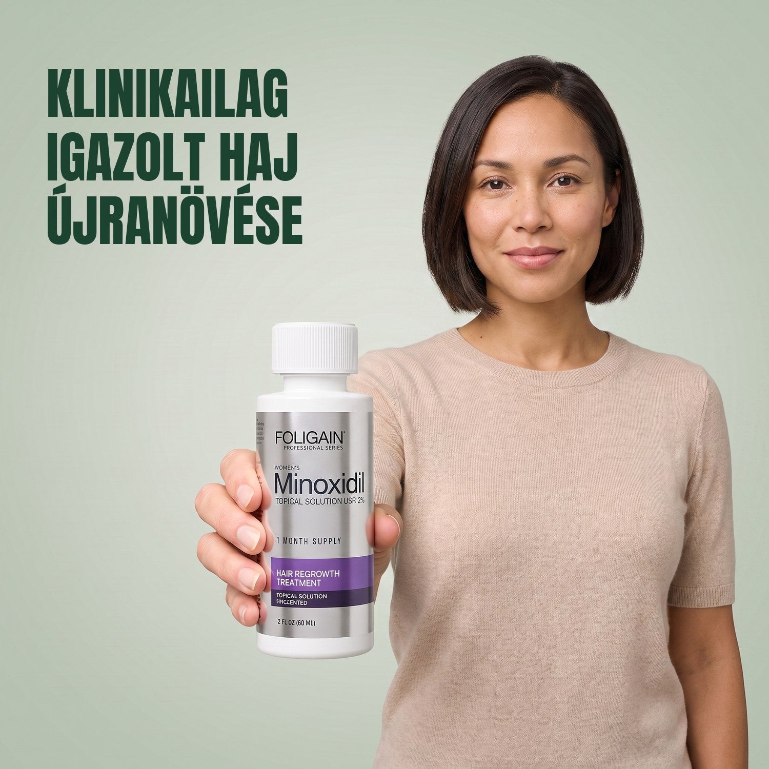 Woman holding the Foligain Minoxidil 2% lotion bottle for women against a green background