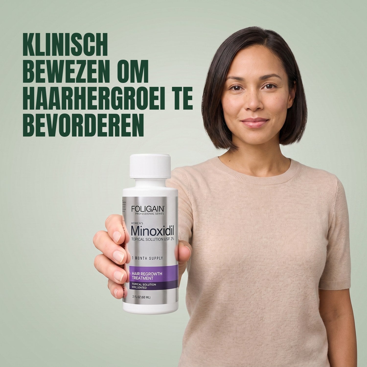 Woman holding the Foligain Minoxidil 2% lotion bottle for women against a green background