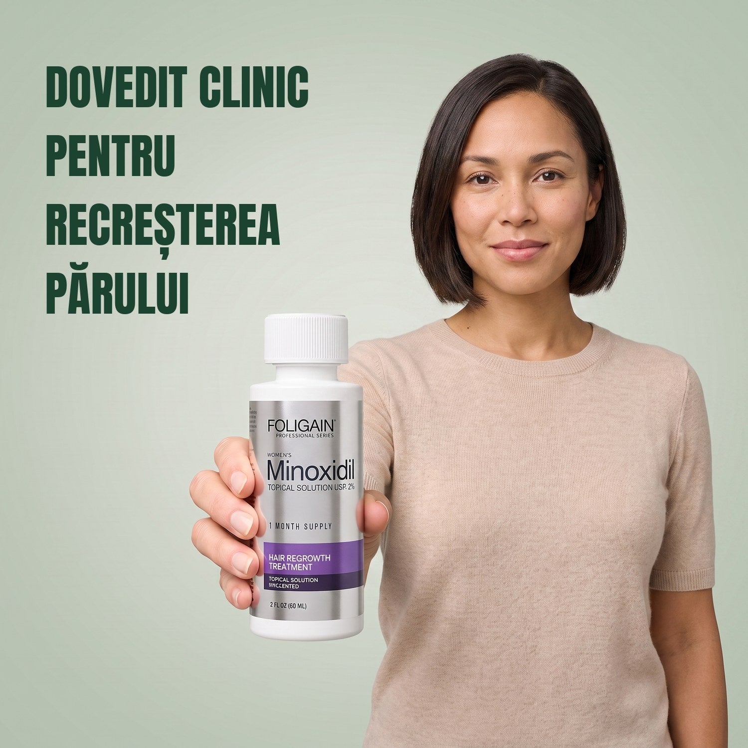 Woman holding the Foligain Minoxidil 2% lotion bottle for women against a green background