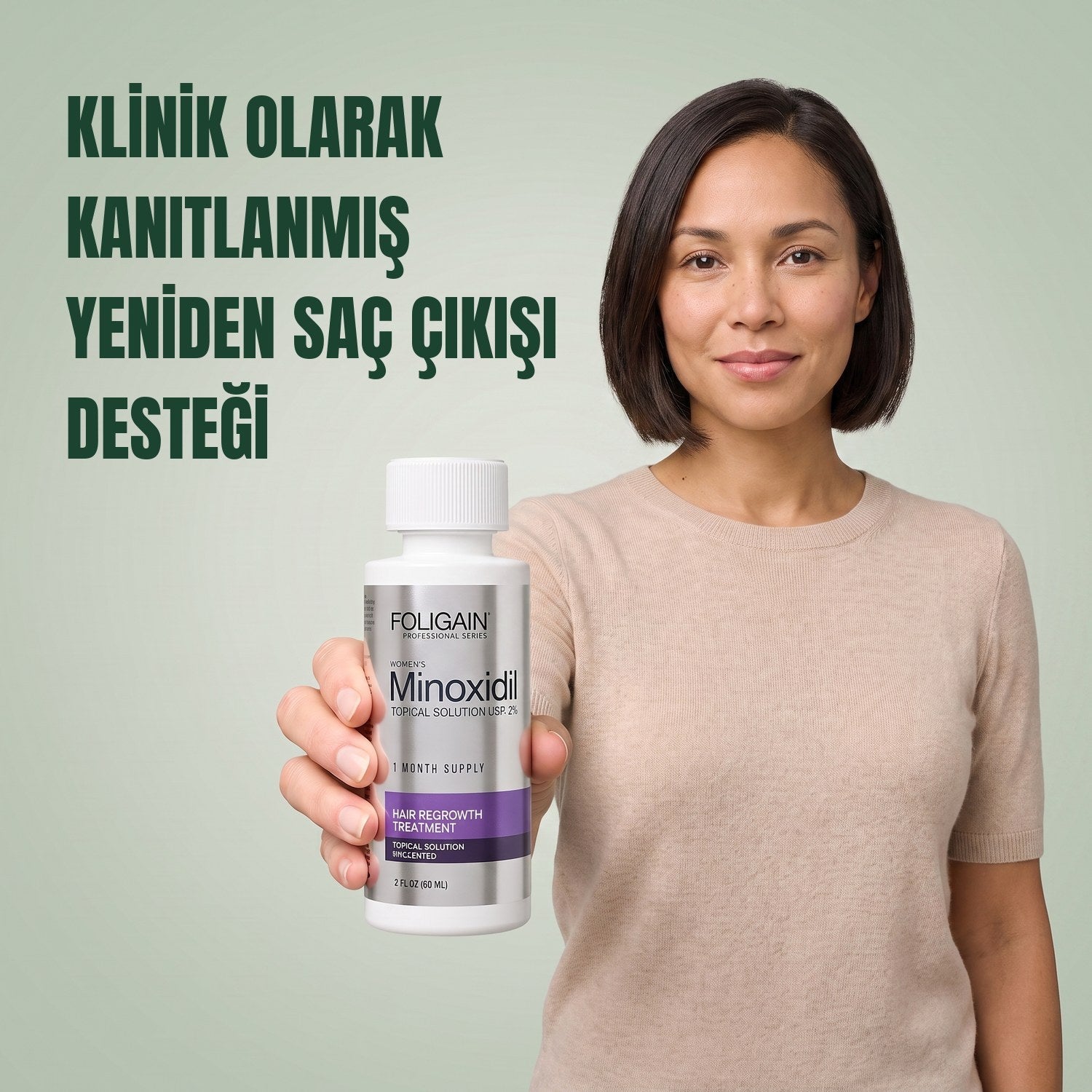 Woman holding the Foligain Minoxidil 2% lotion bottle for women against a green background