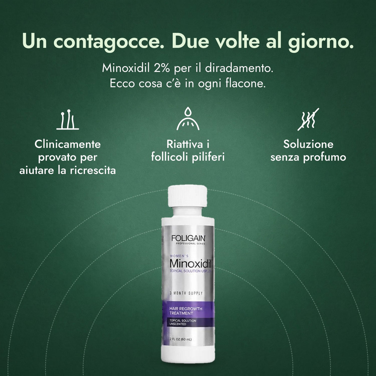 Foligain Minoxidil 2% Donna: Un contagocce. Due volte al giorno. Clinicamente provato per aiutare la ricrescita, Riattiva i follicoli piliferi, Soluzione senza profumo