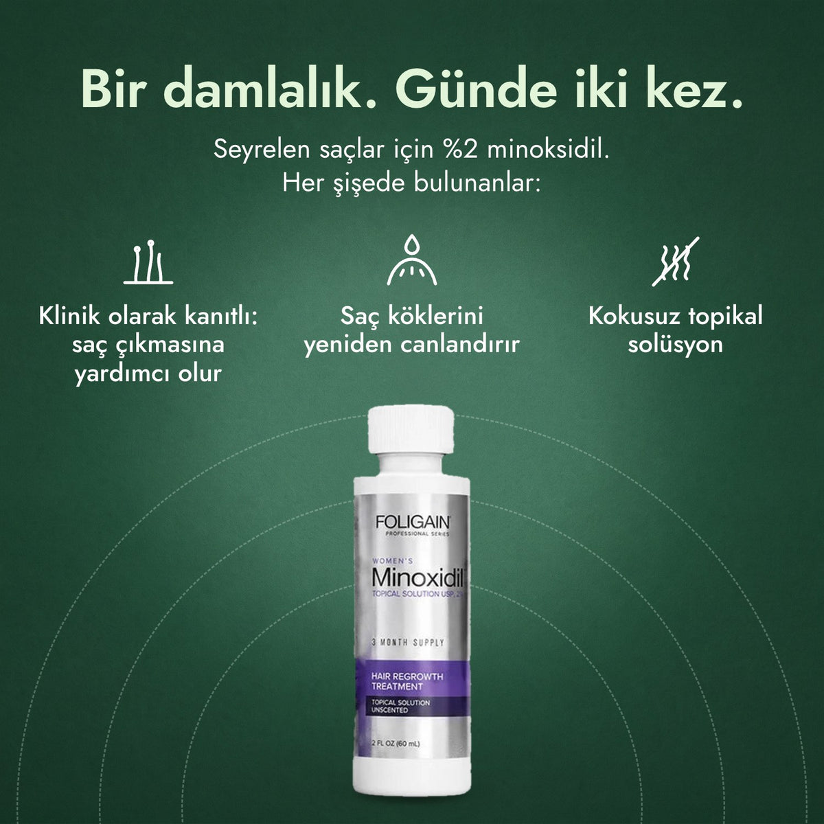 Kadınlar için Foligain %2 Minoksidil: Bir damlalık. Günde iki kez. Klinik olarak kanıtlı: saç çıkmasına yardımcı olur, Saç köklerini yeniden canlandırır, Kokusuz topikal solüsyon
