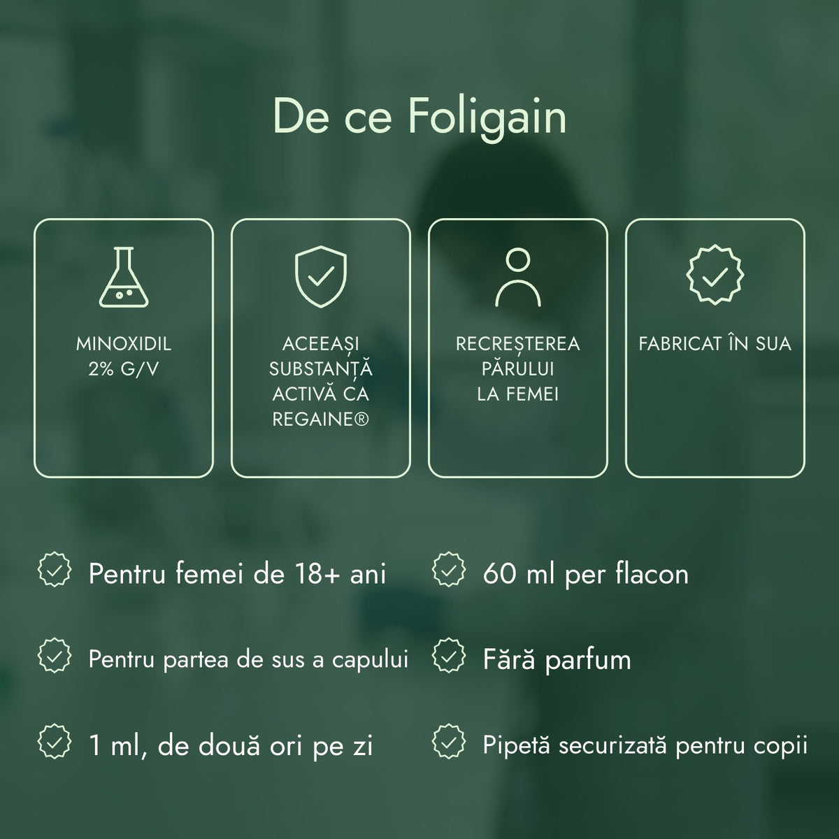De ce Foligain: Minoxidil 2% g/v, Aceeași substanță activă ca Regaine®, Recreșterea părului la femei, Fabricat în SUA