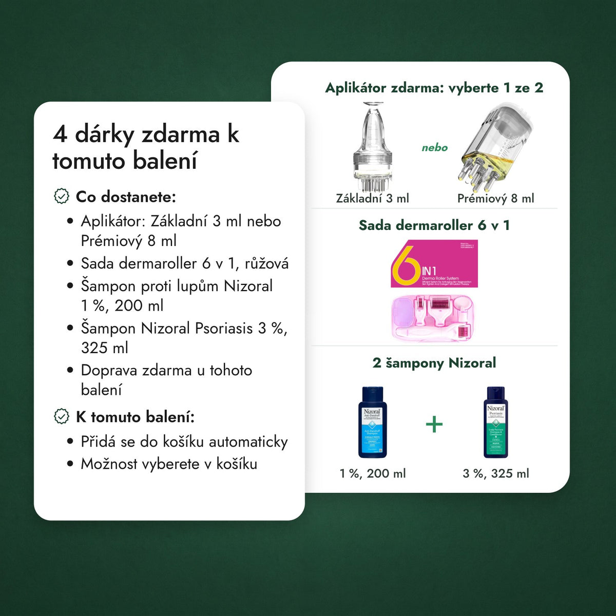 3 dárky zdarma k tomuto balení: Aplikátor zdarma: vyberte 1 ze 2, Sada dermaroller 6 v 1, 2 šampony Nizoral