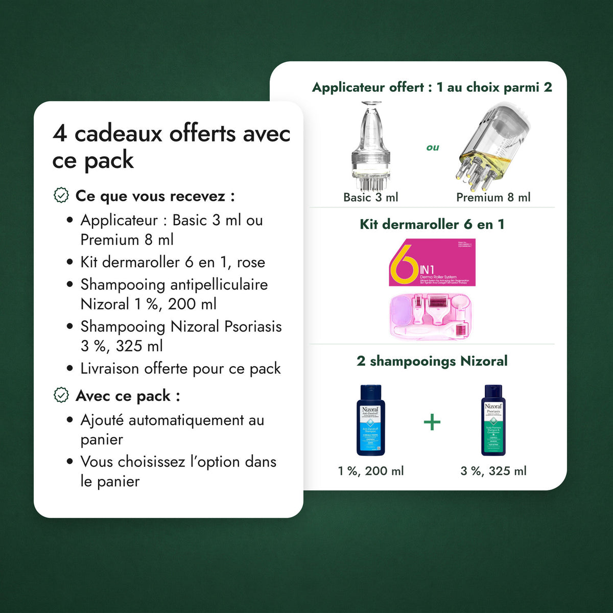 3 cadeaux offerts avec ce pack: Applicateur offert : 1 au choix parmi 2, Kit dermaroller 6 en 1, 2 shampooings Nizoral