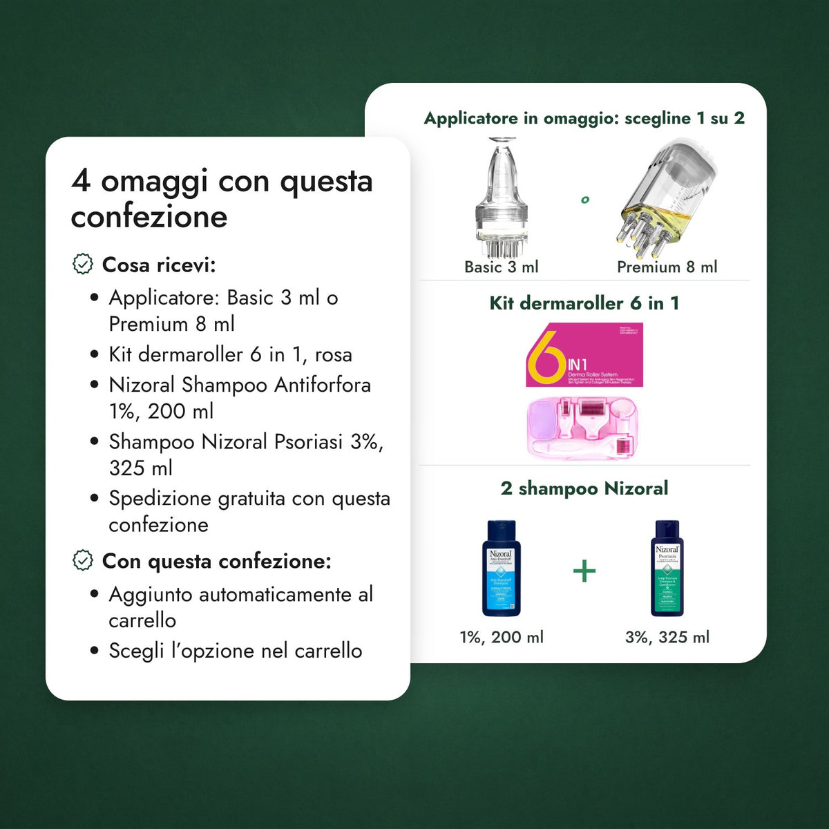 3 omaggi con questa confezione: Applicatore in omaggio: scegline 1 su 2, Kit dermaroller 6 in 1, 2 shampoo Nizoral