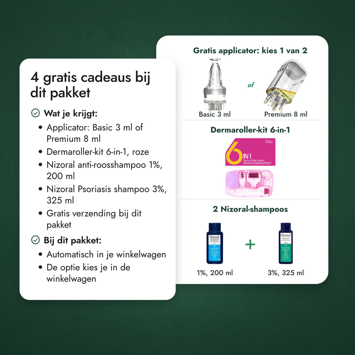 3 gratis cadeaus bij dit pakket: Gratis applicator: kies 1 van 2, Dermaroller-kit 6-in-1, 2 Nizoral-shampoos