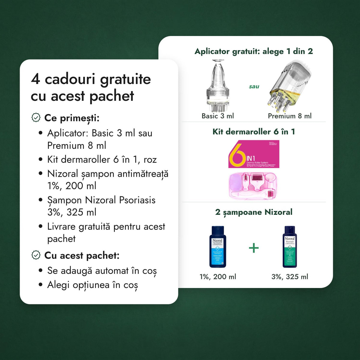 3 cadouri gratuite cu acest pachet: Aplicator gratuit: alege 1 din 2, Kit dermaroller 6 în 1, 2 șampoane Nizoral