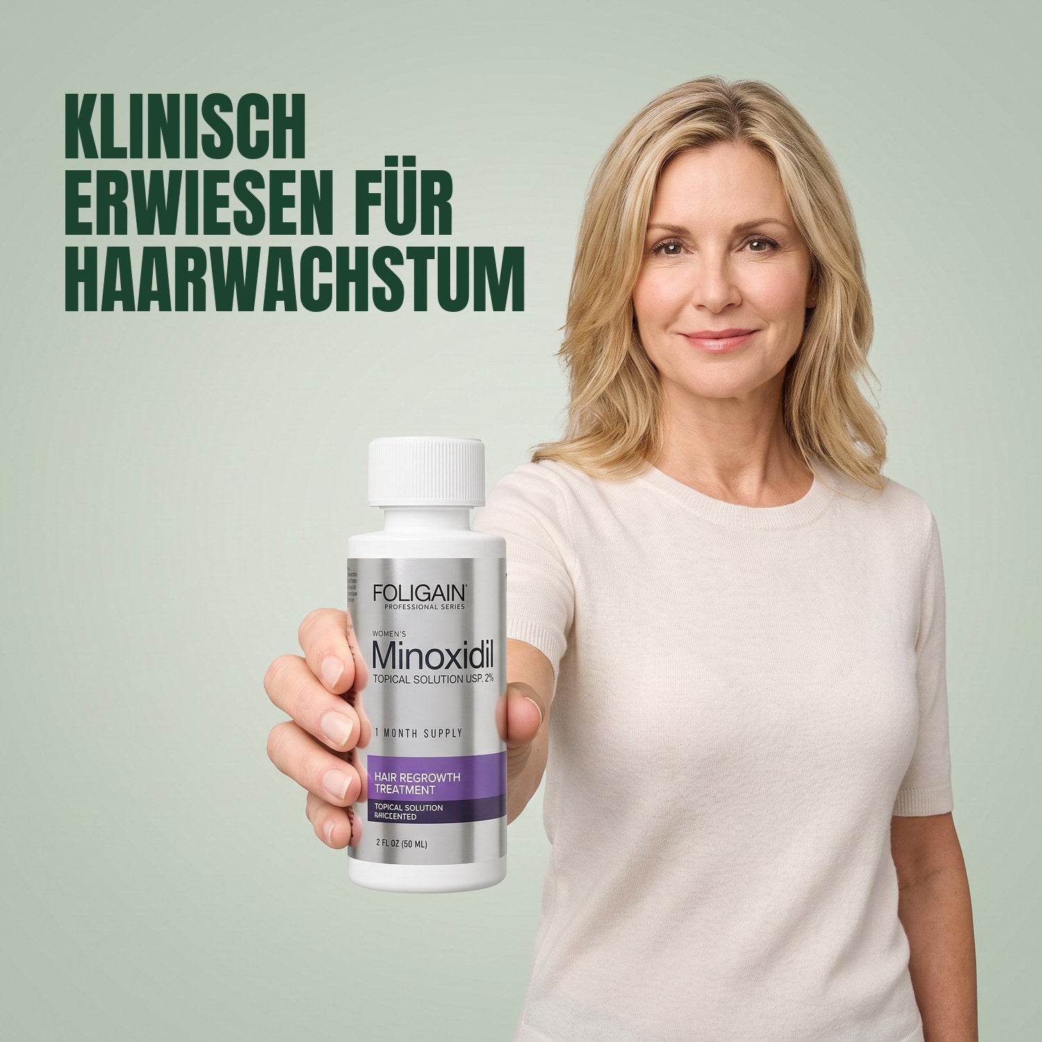 Woman holding a Foligain Minoxidil 2% lotion bottle for women against a green background