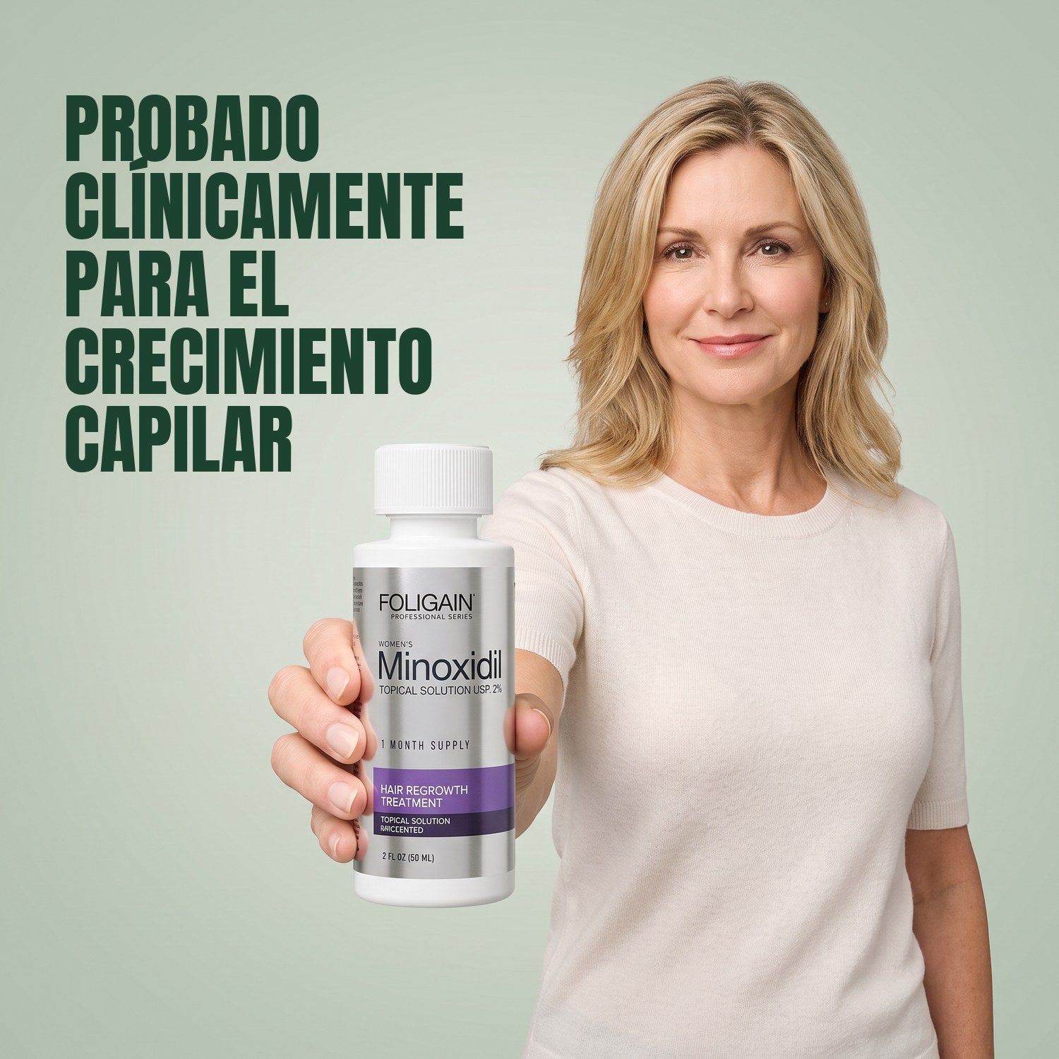 Woman holding a Foligain Minoxidil 2% lotion bottle for women against a green background