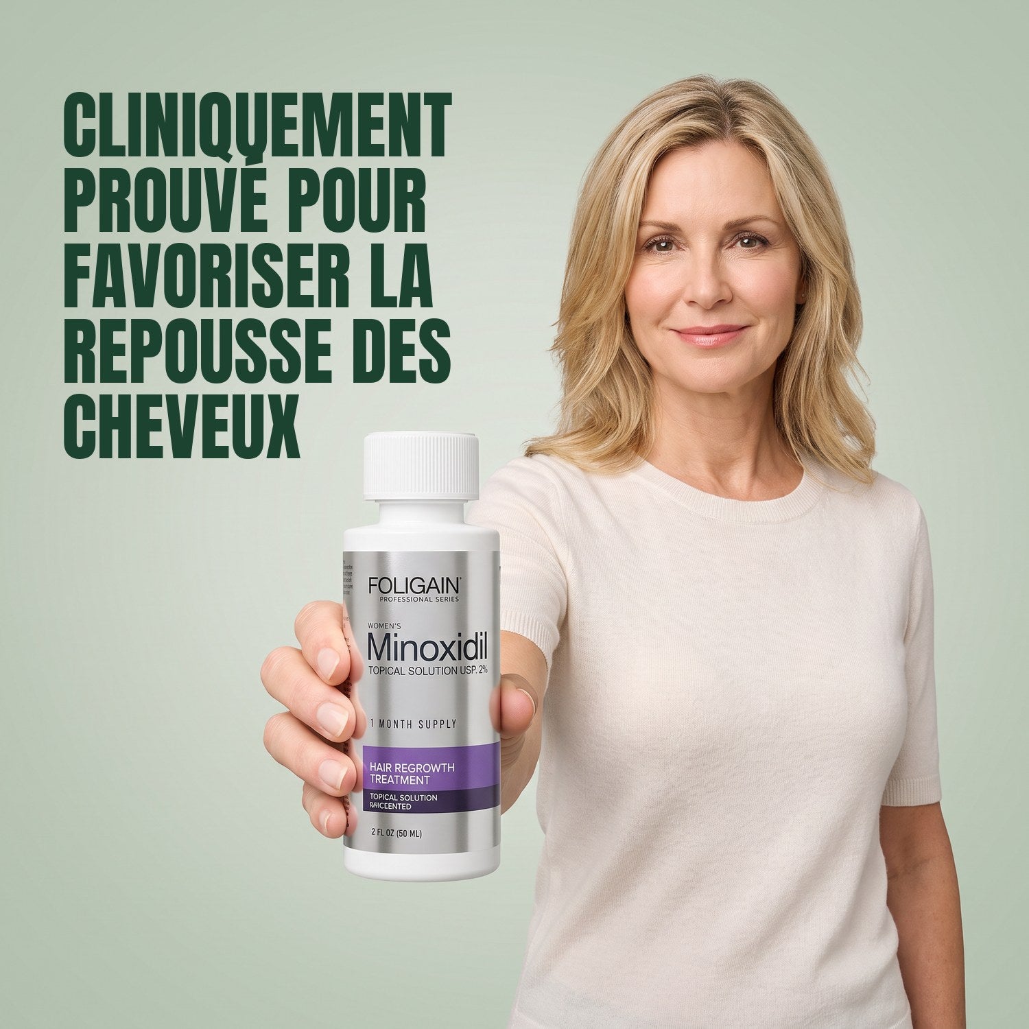 Woman holding a Foligain Minoxidil 2% lotion bottle for women against a green background
