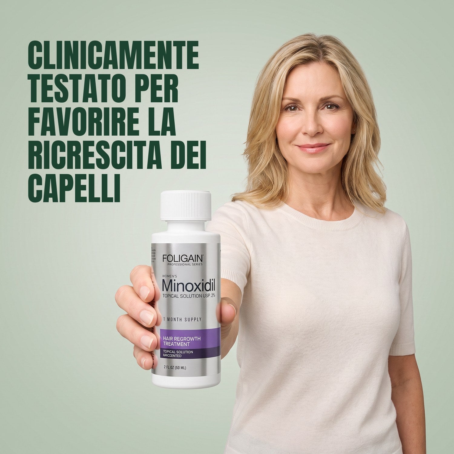 Woman holding a Foligain Minoxidil 2% lotion bottle for women against a green background