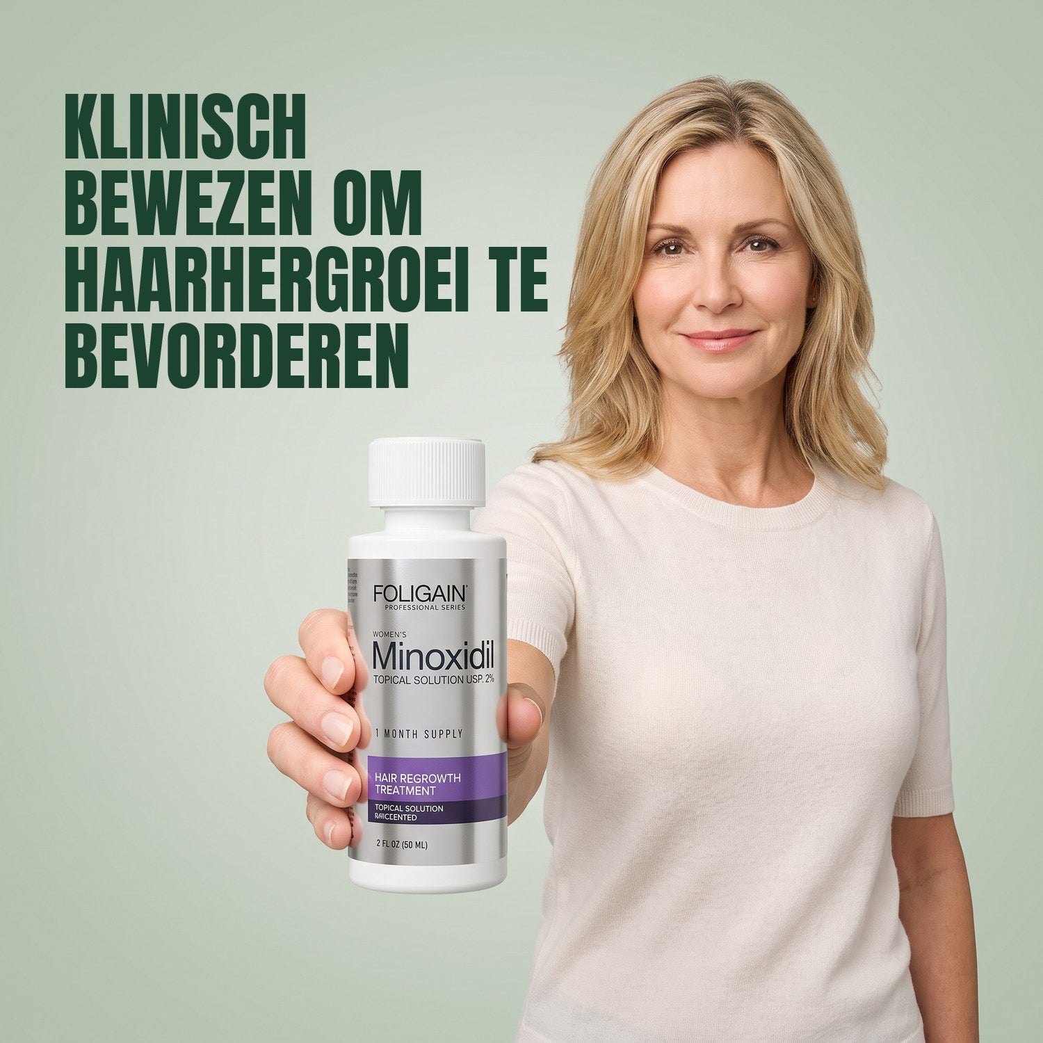 Woman holding a Foligain Minoxidil 2% lotion bottle for women against a green background