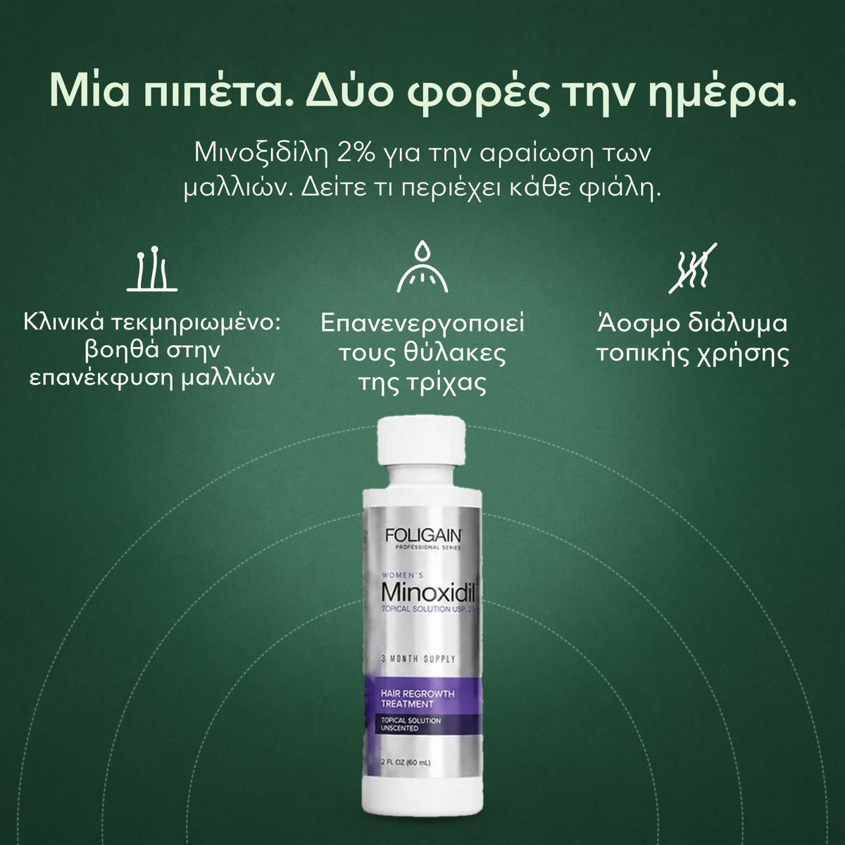 Foligain μινοξιδίλη 2% για γυναίκες: Μία πιπέτα. Δύο φορές την ημέρα. Κλινικά τεκμηριωμένο: βοηθά στην επανέκφυση μαλλιών, Επανενεργοποιεί τους θύλακες της τρίχας, Άοσμο διάλυμα τοπικής χρήσης