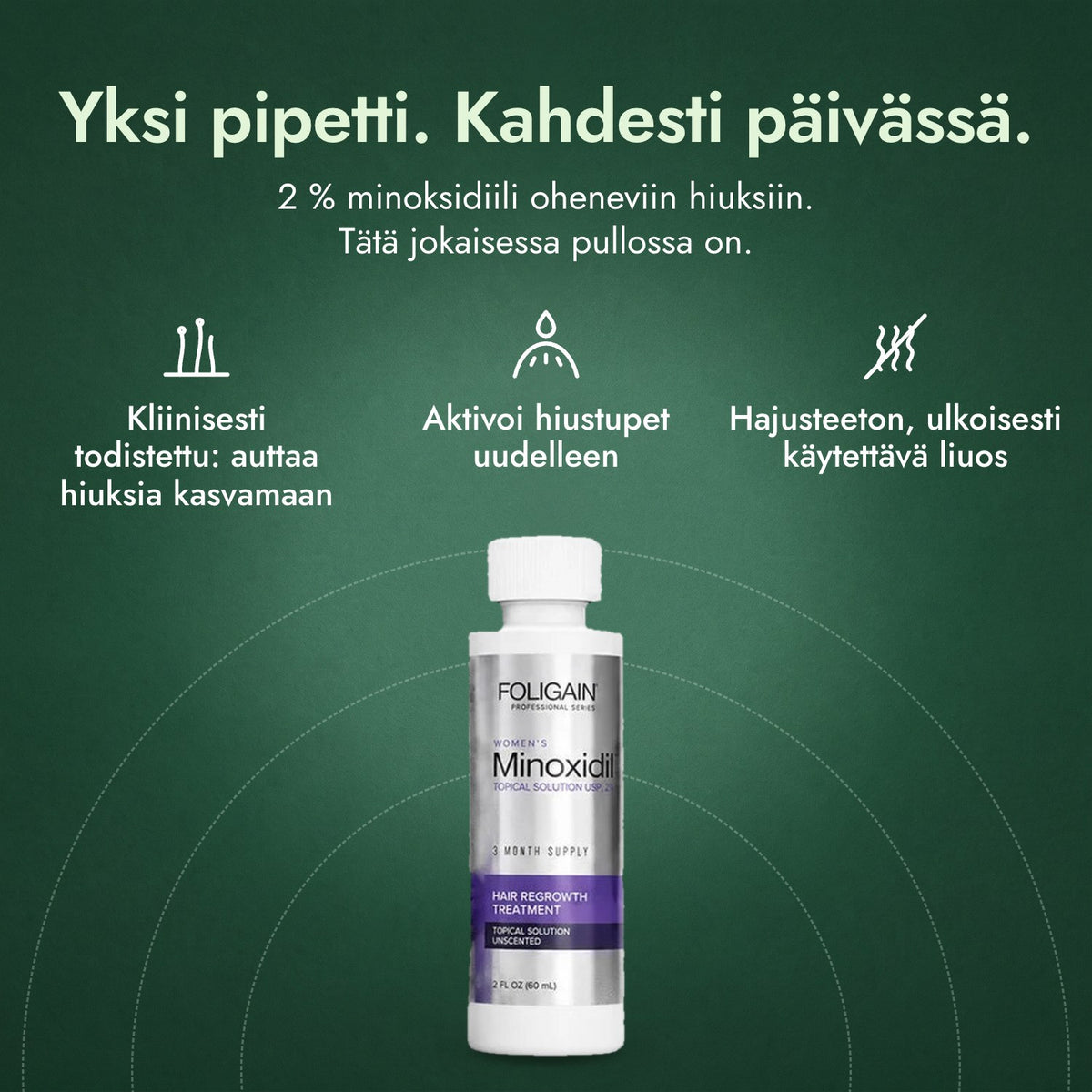 Foligain minoksidiili 2 % naisille: Yksi pipetti. Kahdesti päivässä. Kliinisesti todistettu: auttaa hiuksia kasvamaan, Aktivoi hiustupet uudelleen, Hajusteeton, ulkoisesti käytettävä liuos