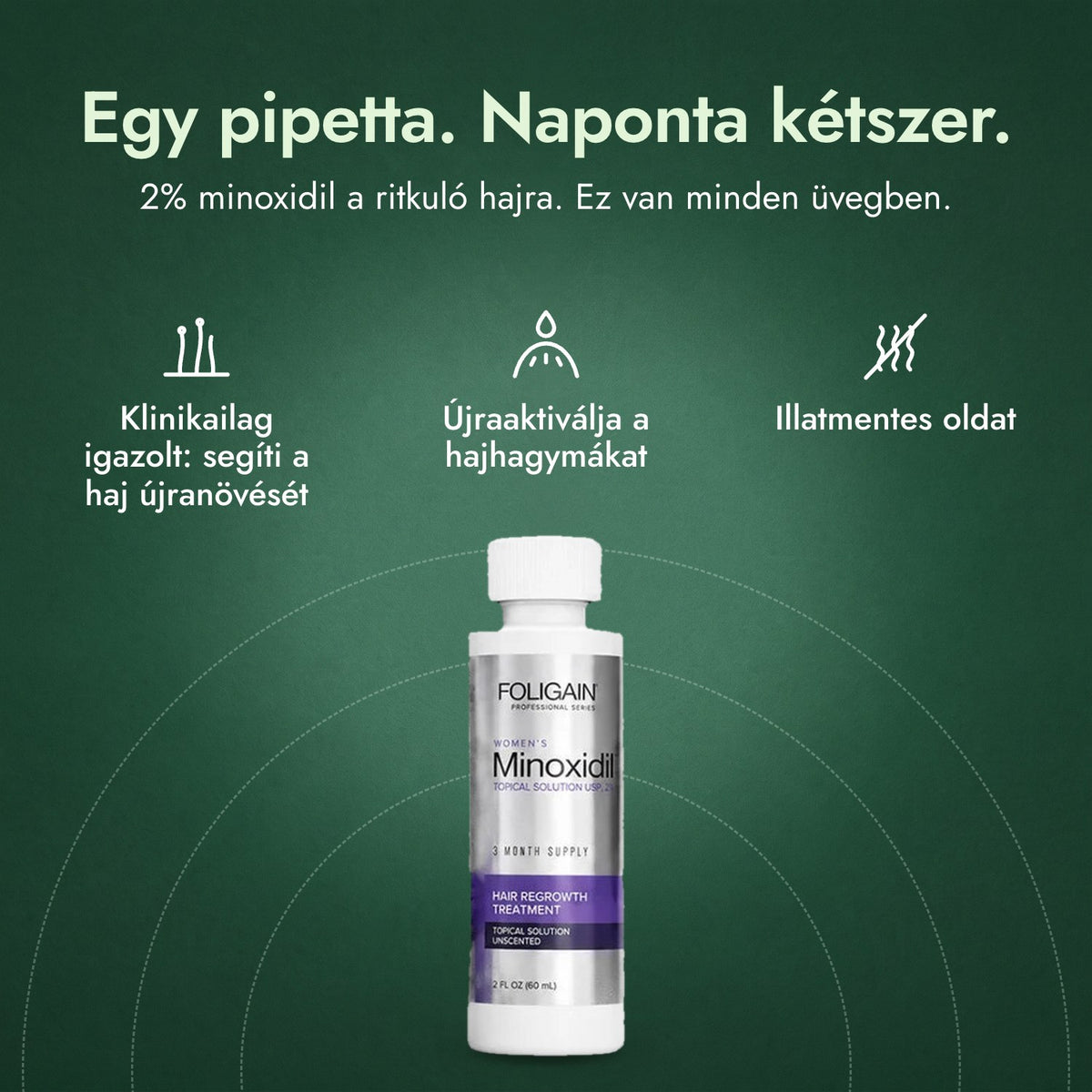 Foligain Minoxidil 2% nőknek: Egy pipetta. Naponta kétszer. Klinikailag igazolt: segíti a haj újranövését, Újraaktiválja a hajhagymákat, Illatmentes oldat