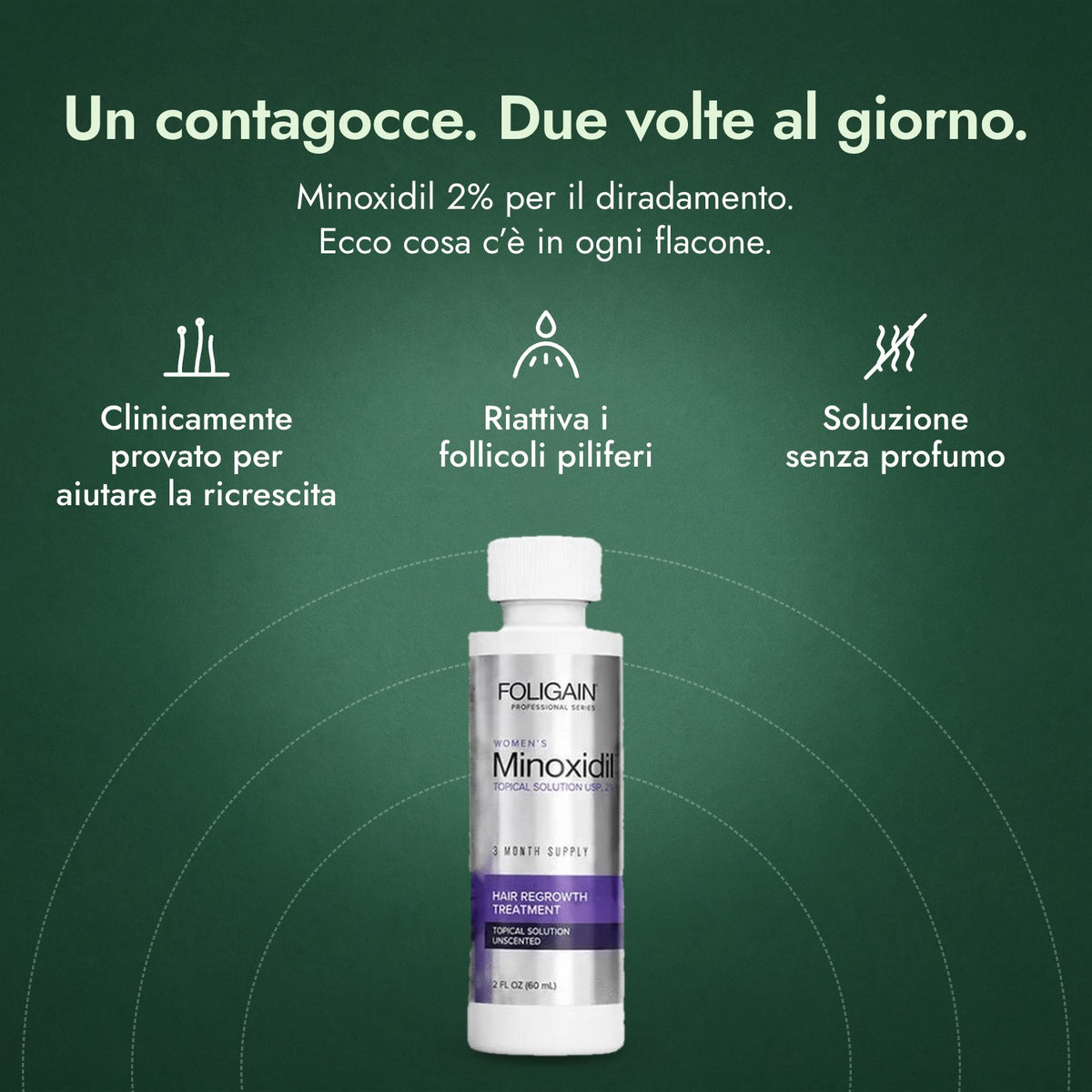 Foligain Minoxidil 2% Donna: Un contagocce. Due volte al giorno. Clinicamente provato per aiutare la ricrescita, Riattiva i follicoli piliferi, Soluzione senza profumo