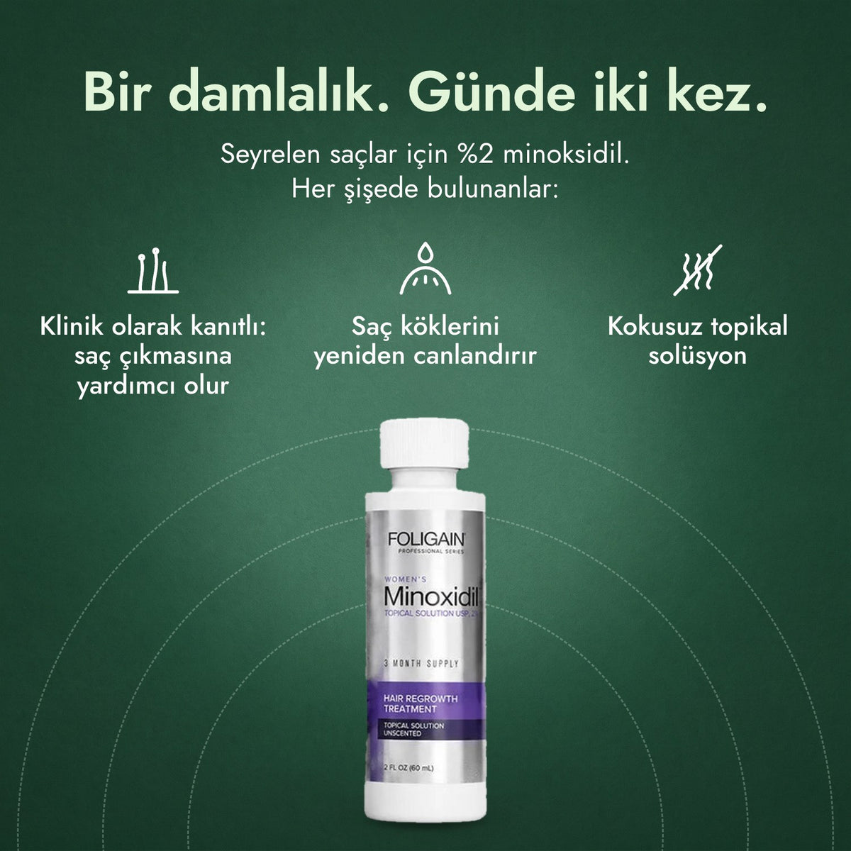 Kadınlar için Foligain %2 Minoksidil: Bir damlalık. Günde iki kez. Klinik olarak kanıtlı: saç çıkmasına yardımcı olur, Saç köklerini yeniden canlandırır, Kokusuz topikal solüsyon