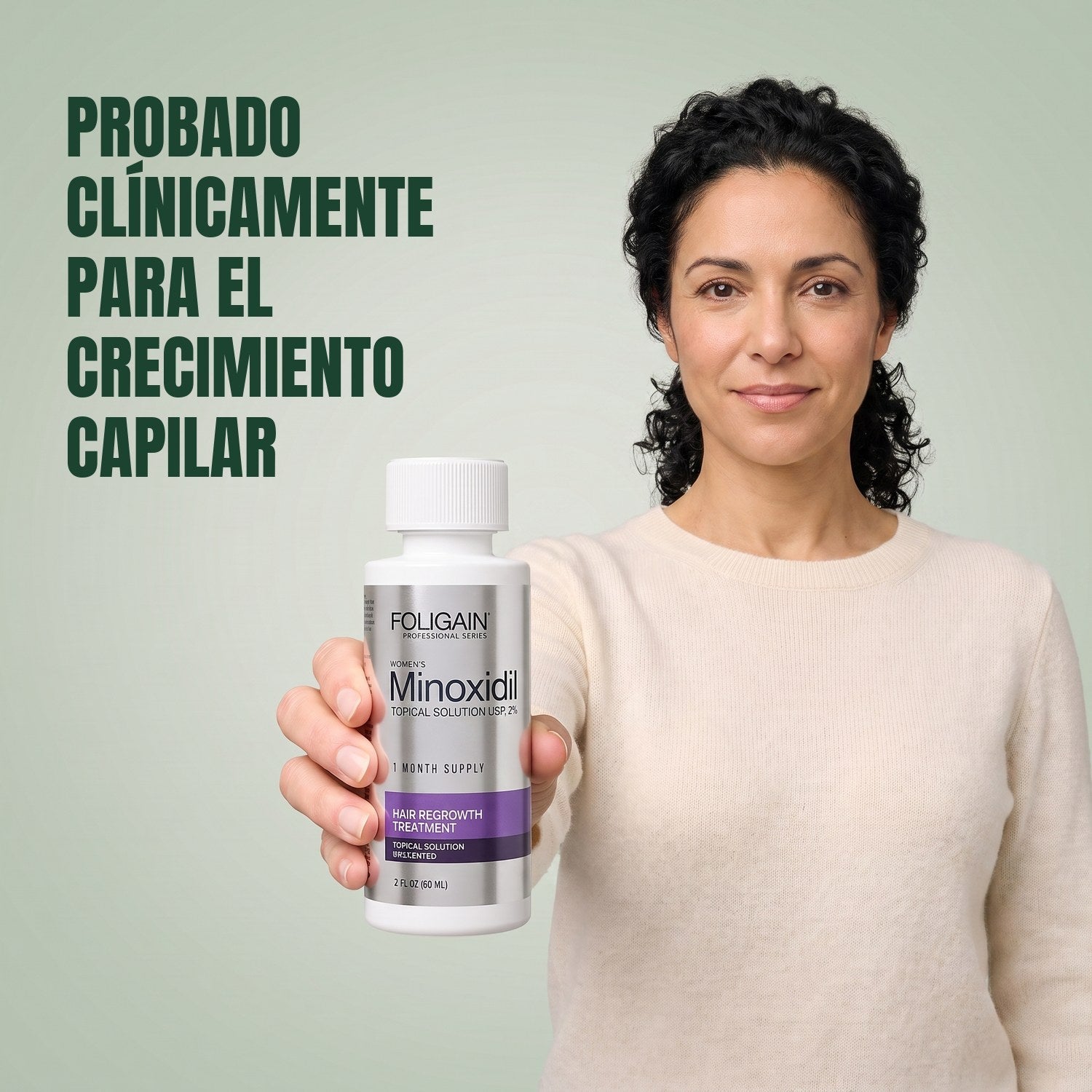Woman holding the Foligain Minoxidil 2% lotion bottle for women against a green background