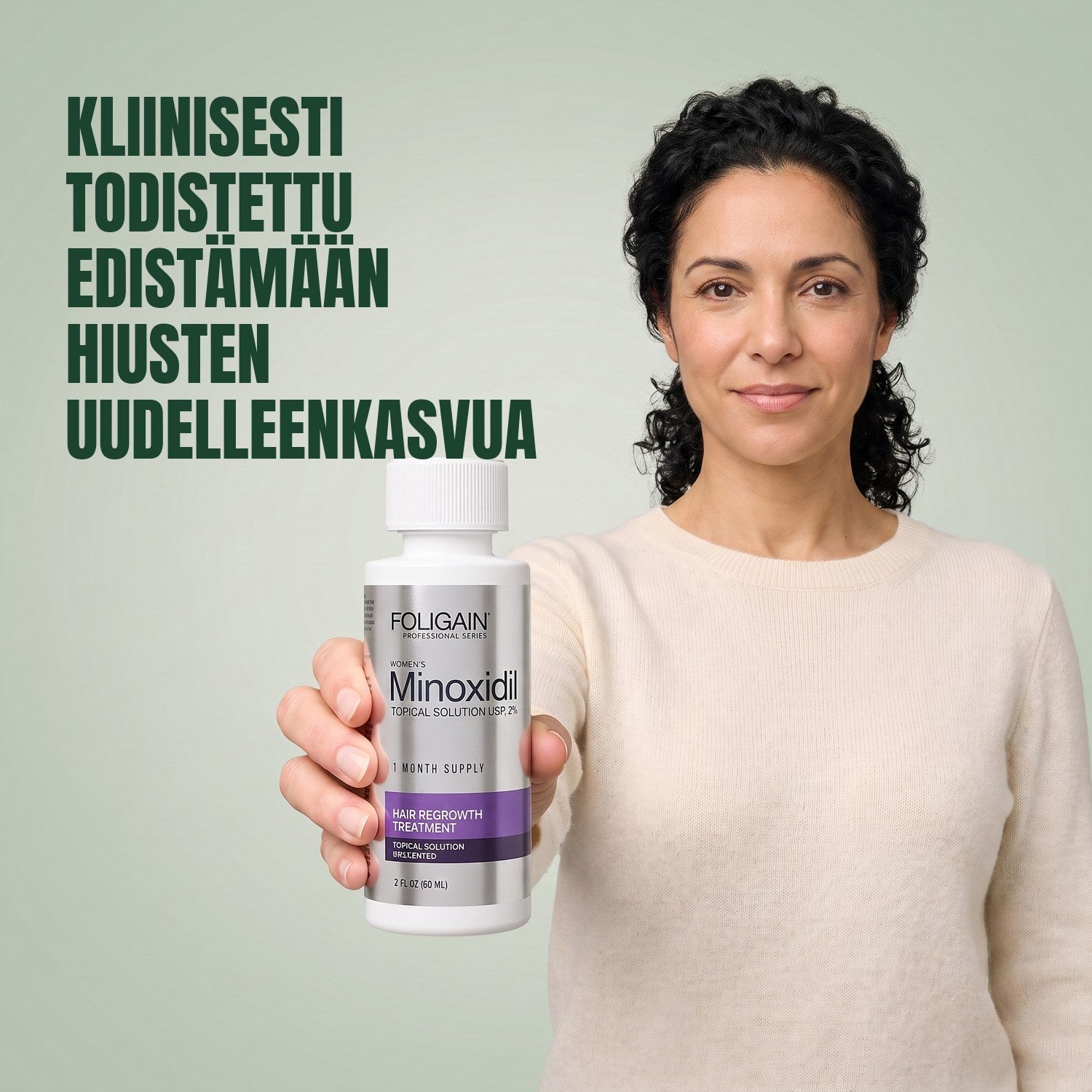 Woman holding the Foligain Minoxidil 2% lotion bottle for women against a green background
