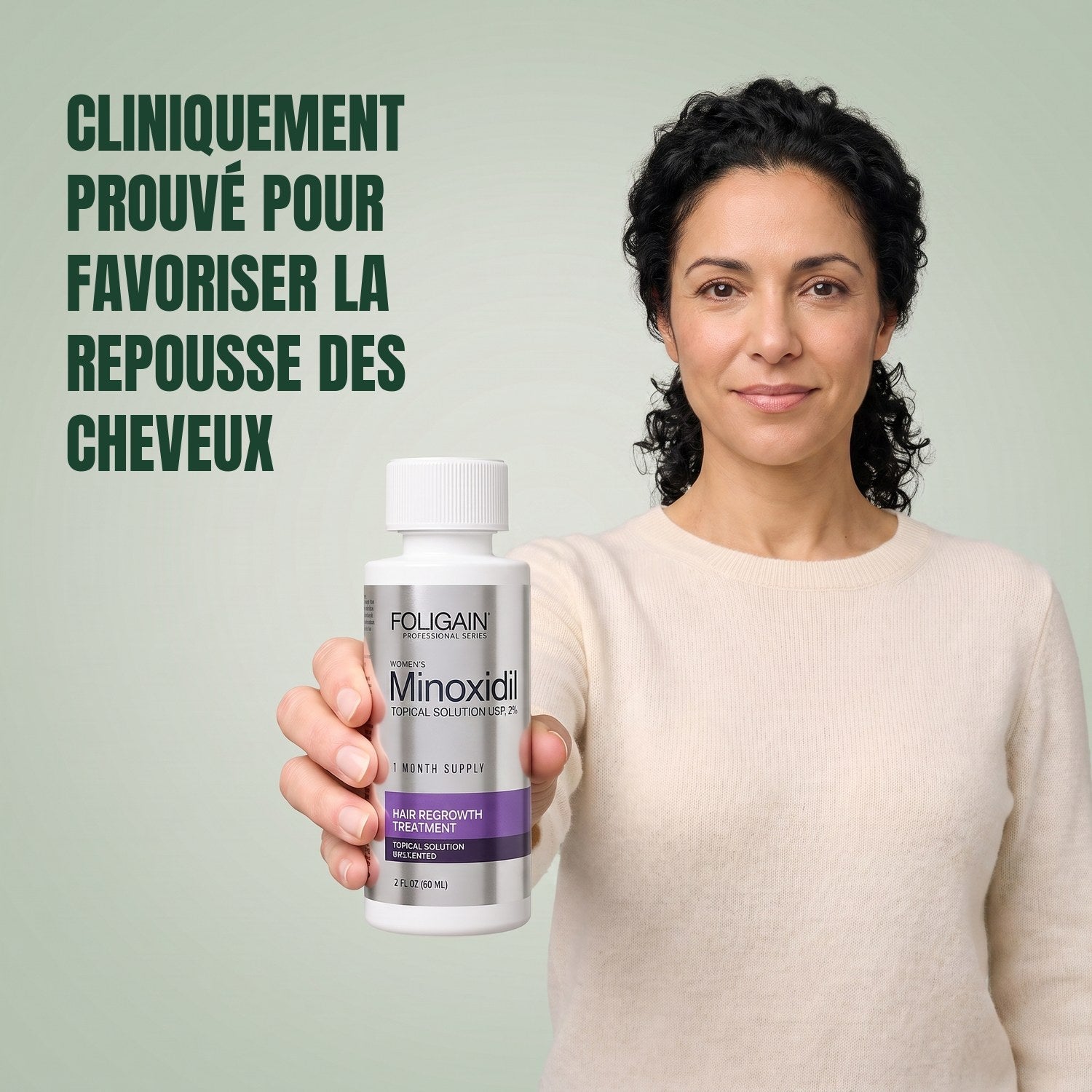 Woman holding the Foligain Minoxidil 2% lotion bottle for women against a green background
