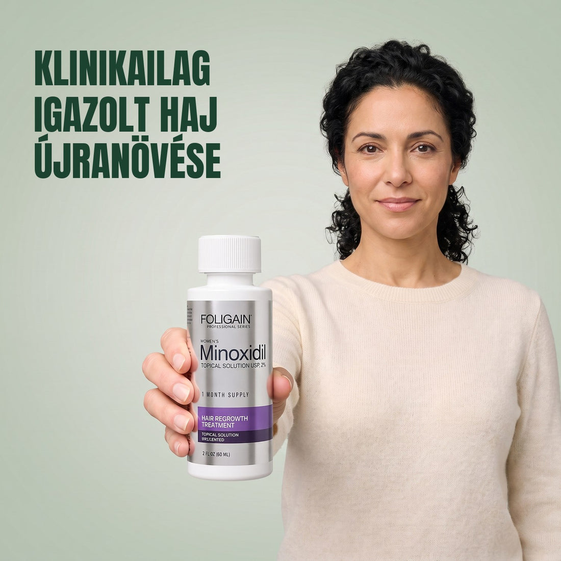 Foligain Minoxidil Oldat 2% nőknek - 6 havi adag — termékcsomagolás fehér háttér előtt