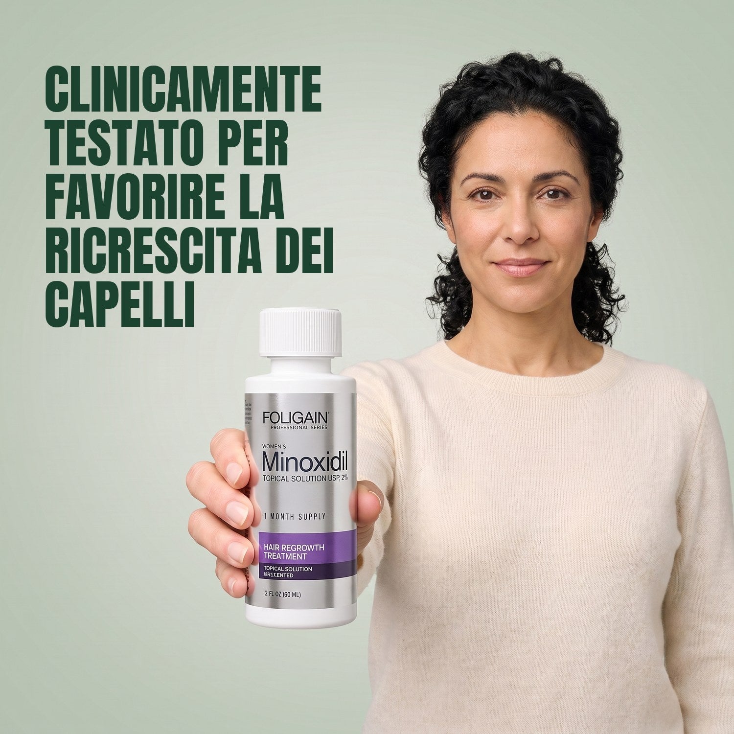 Woman holding the Foligain Minoxidil 2% lotion bottle for women against a green background