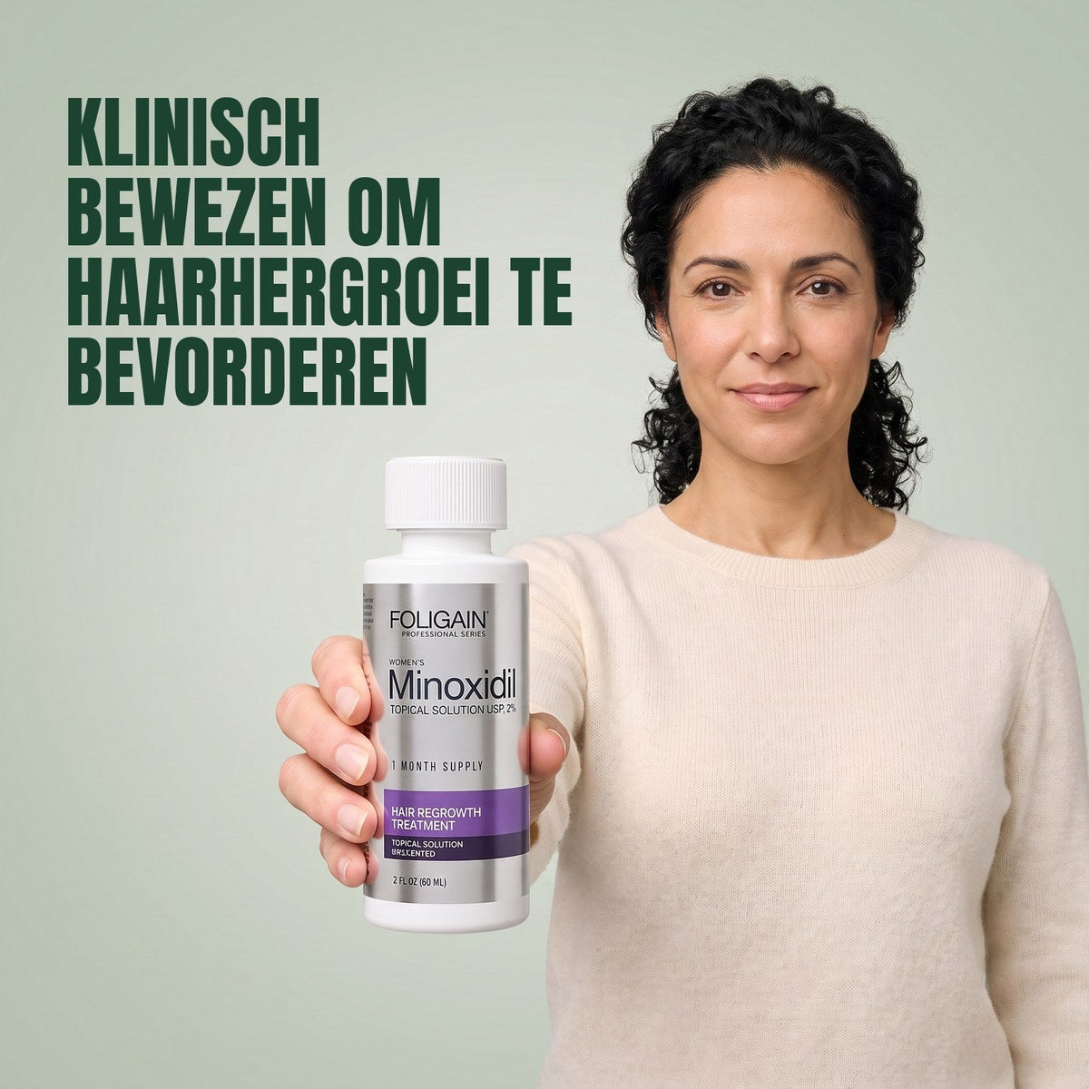Woman holding the Foligain Minoxidil 2% lotion bottle for women against a green background