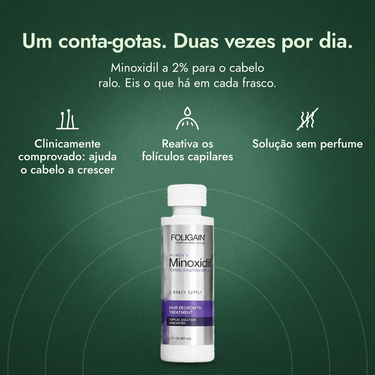 Foligain Minoxidil 2% para Mulher: Um conta-gotas. Duas vezes por dia. Clinicamente comprovado: ajuda o cabelo a crescer, Reativa os folículos capilares, Solução sem perfume