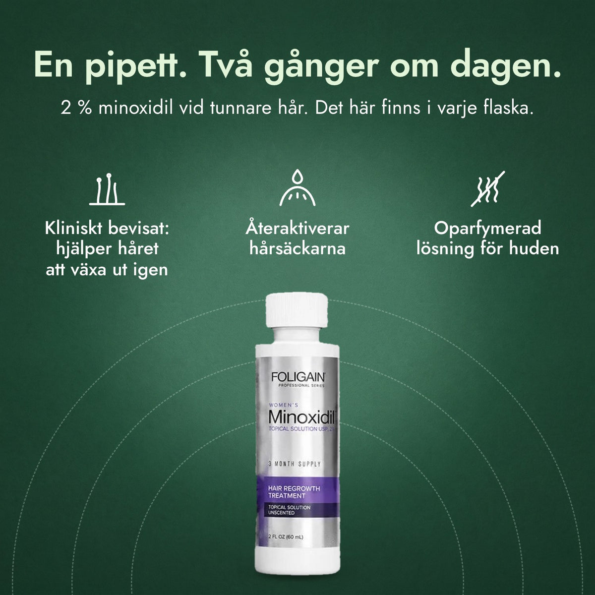 Foligain Minoxidil 2 % för kvinnor: En pipett. Två gånger om dagen. Kliniskt bevisat: hjälper håret att växa ut igen, Återaktiverar hårsäckarna, Oparfymerad lösning för huden