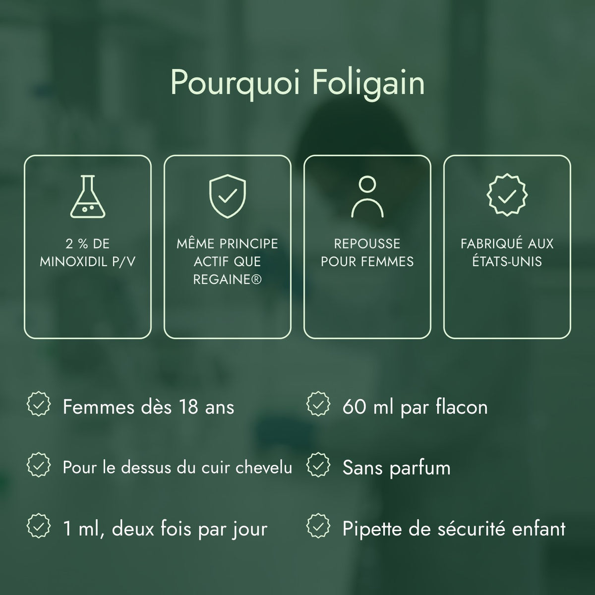 Pourquoi Foligain: 2 % de minoxidil p/v, Même principe actif que Regaine®, Repousse pour femmes, Fabriqué aux États-Unis