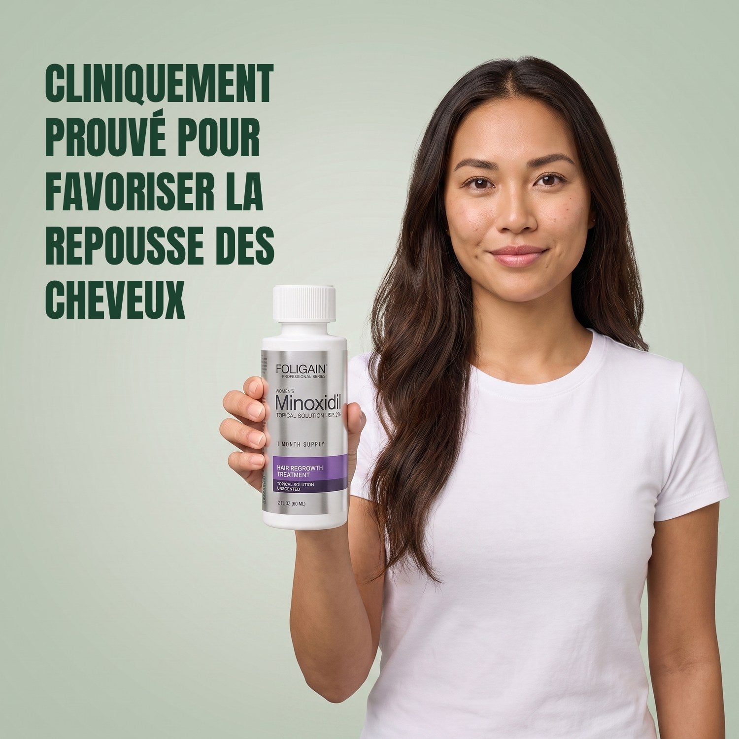 Woman holding the Foligain Minoxidil 2% lotion bottle for women against a green background