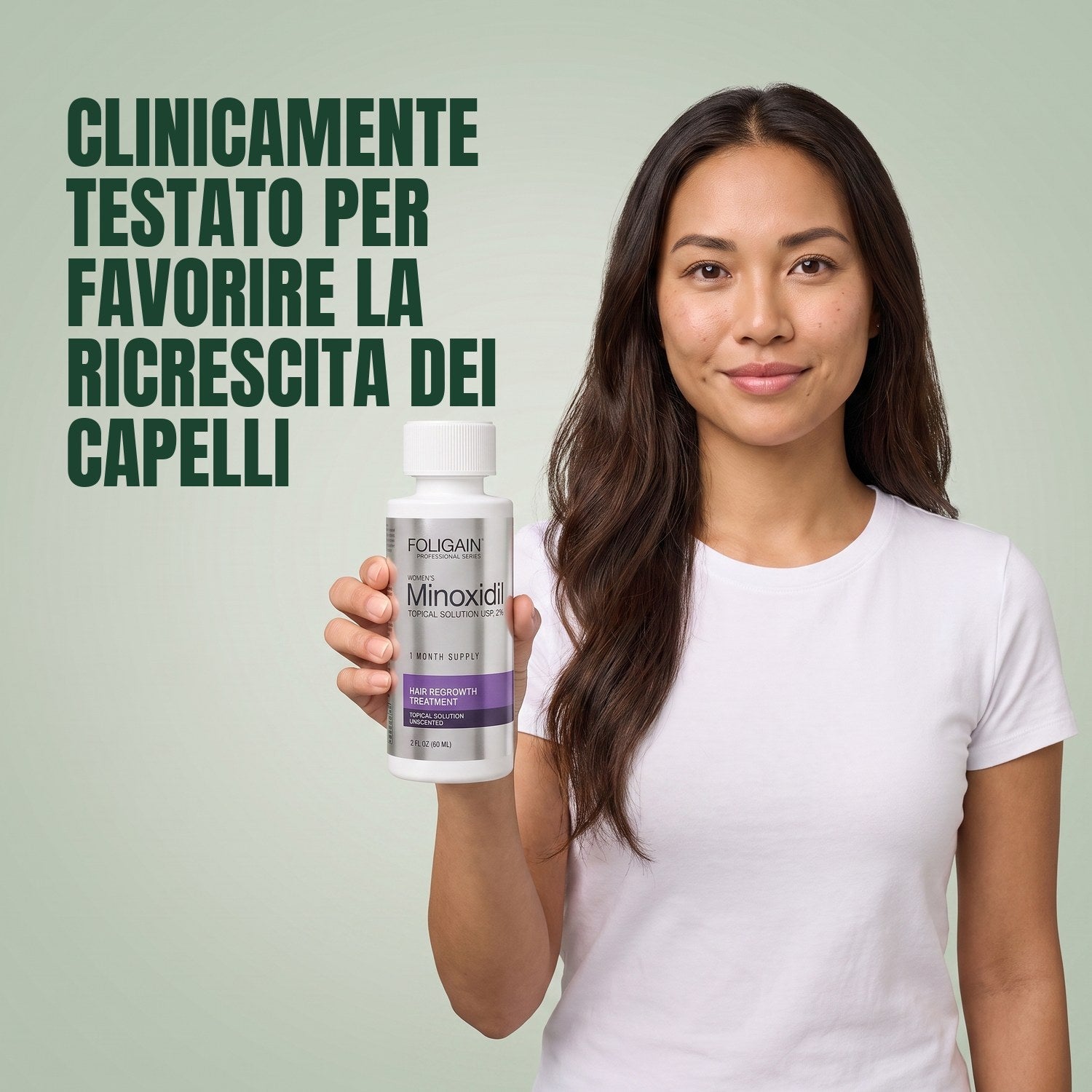 Woman holding the Foligain Minoxidil 2% lotion bottle for women against a green background