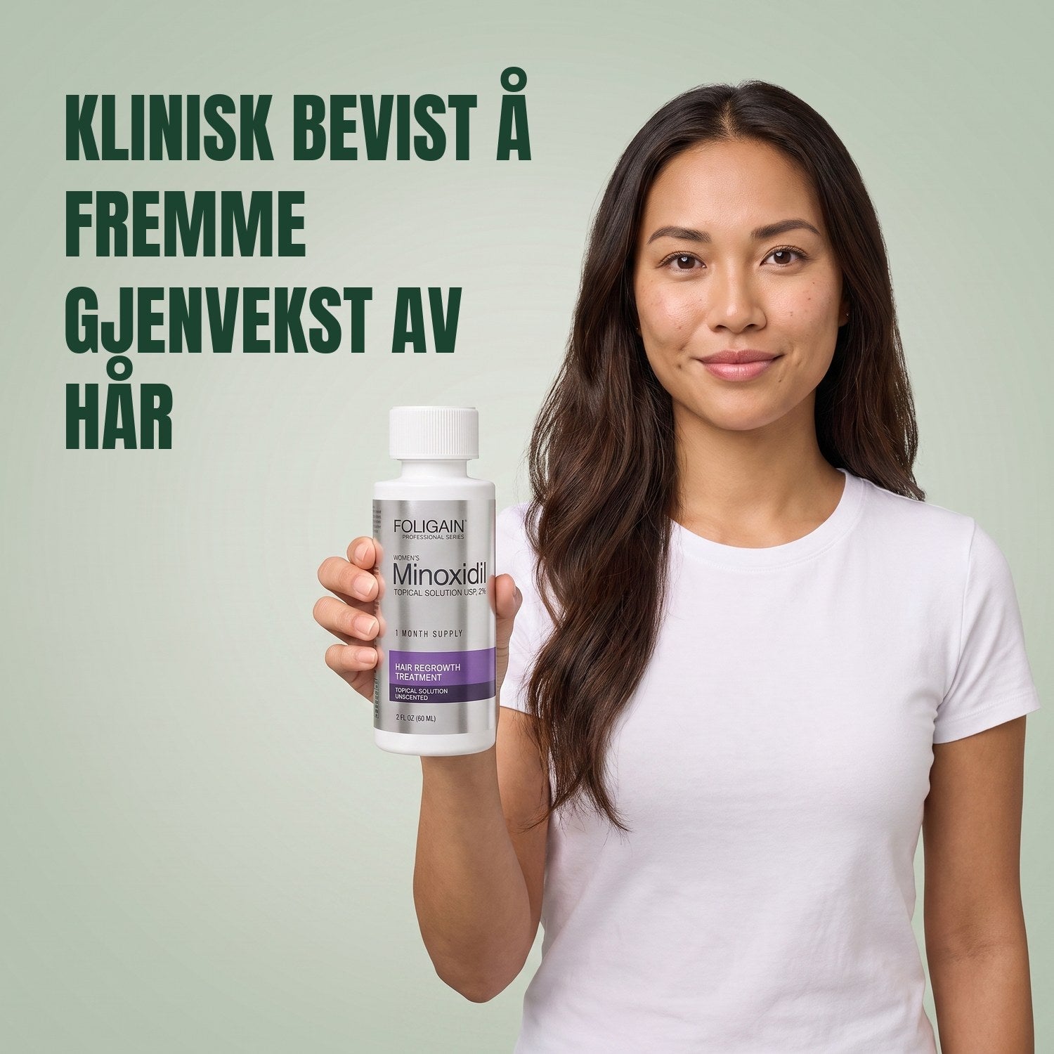 Woman holding the Foligain Minoxidil 2% lotion bottle for women against a green background